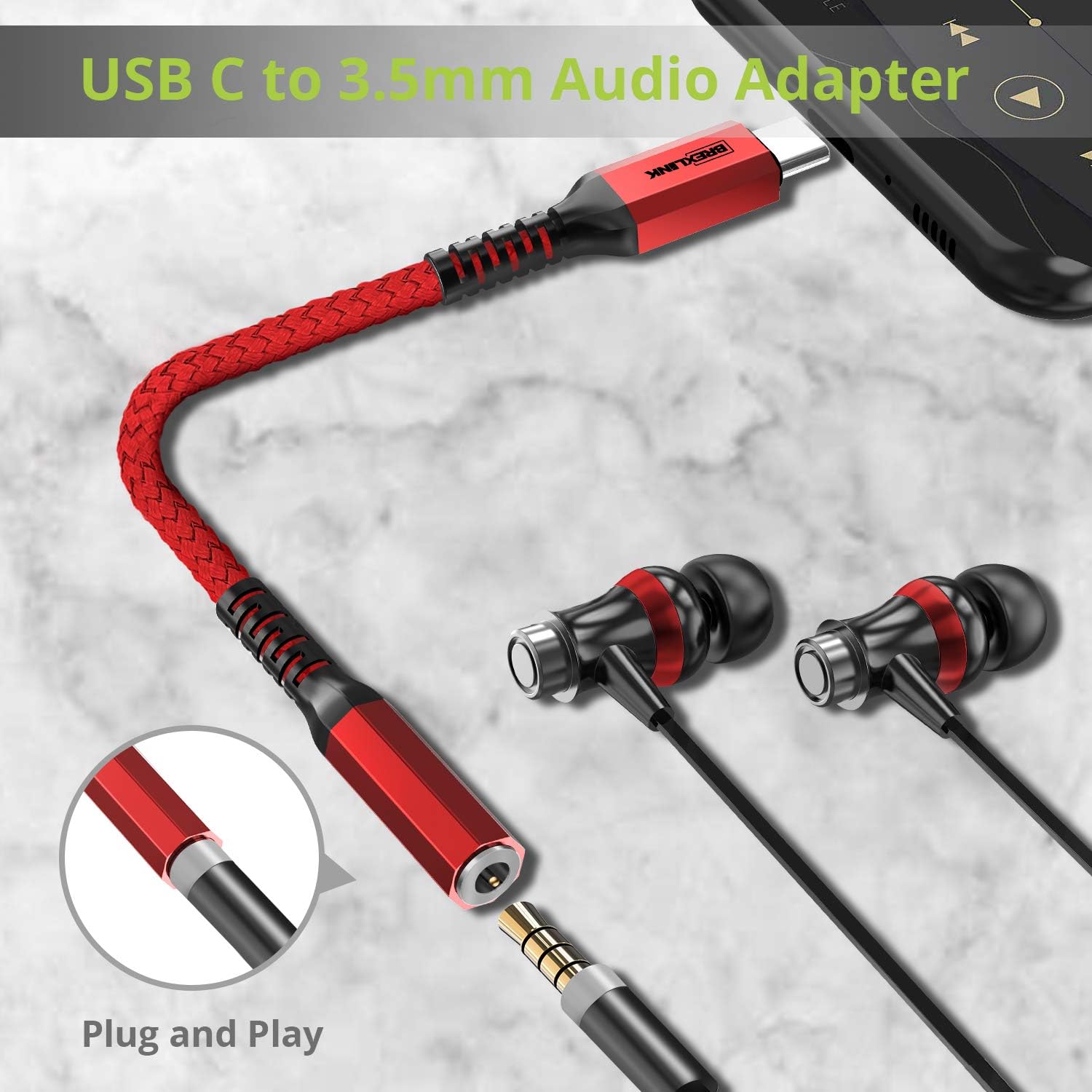 BrexLink USB Type C to 3.5mm Headphone Adapter, USB C to Female AUX Audio Jack Adapter Compatible with Samsung Galaxy S20 Ultra Z Flip Note 20 10 S10 S9 Plus iPad Pro, Google Pixel 4 3 2XL (Red)