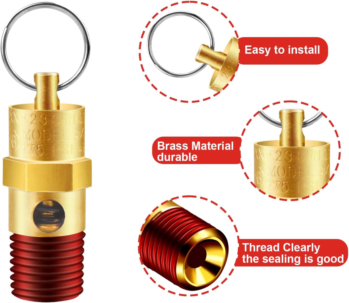 1/4'' NPT Male 175 PSI Air Compressor Pressure Relief Valve Brass | Safety Valve Air Compressor Check Valve, 2 Pieces