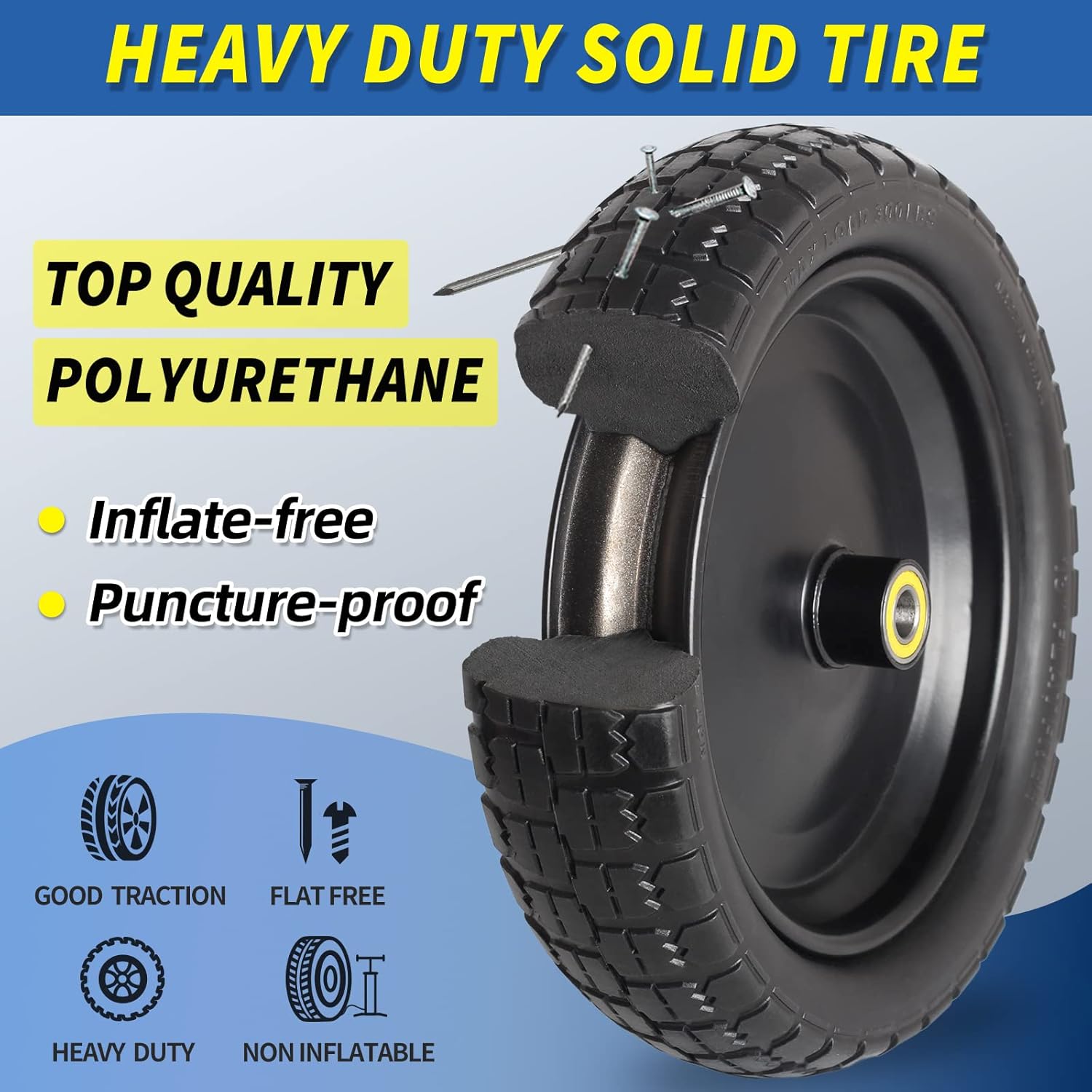 13" Flat-free Solid Tire and Wheel, with 5/8" Axle Bore Hole, 2.2" Offset Hub, Replacement 4.00-6 Wheelbarrow tire, Compatible with Garden Wagon Trolley Dolly, 2 Pack