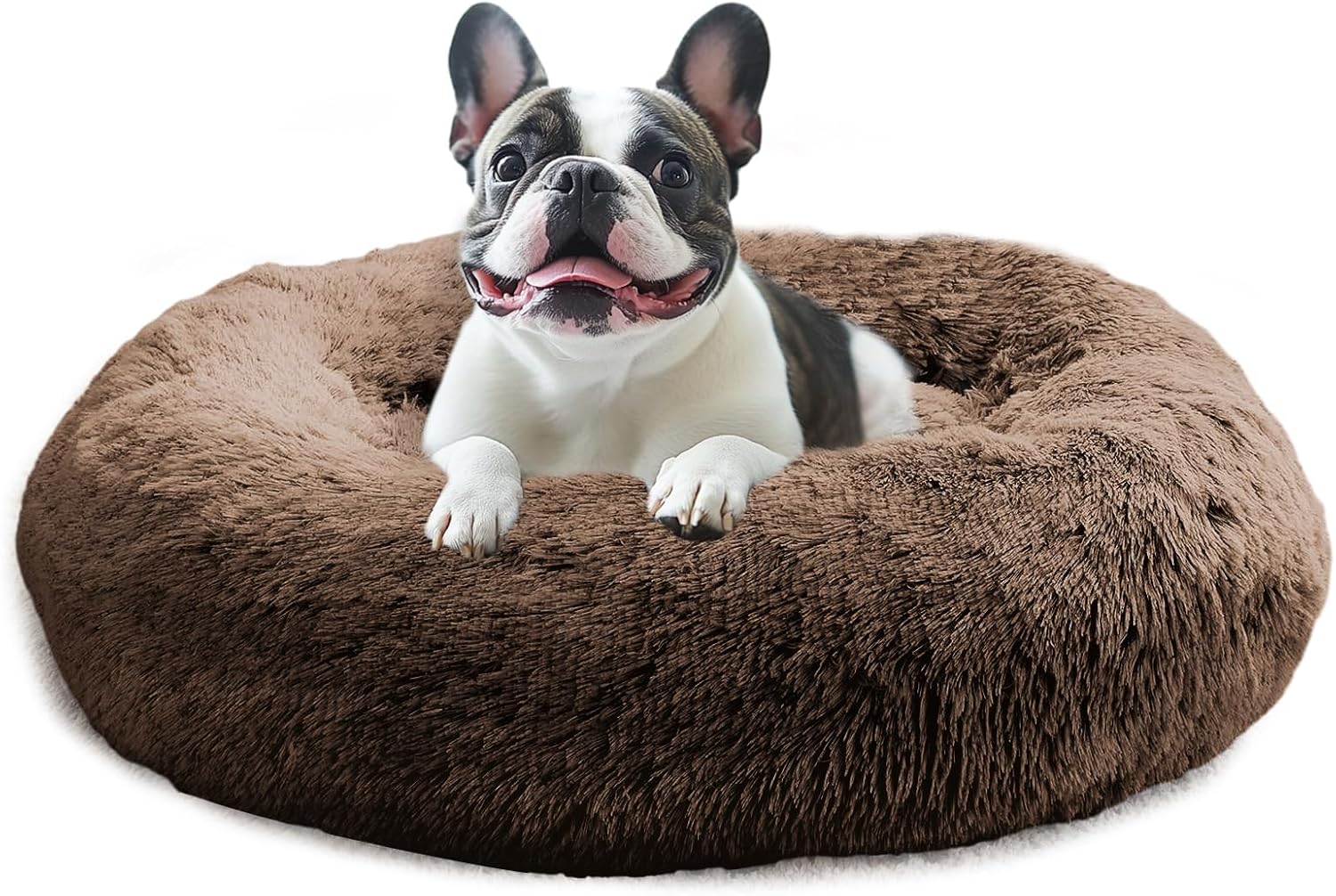 JOLLYVOGUE Calming Dog Bed for Small Dogs - 23 inches Donut Washable Small Dog Bed for Kittens & Puppies, Anti-Slip Round Fluffy Plush Faux Fur Cat Beds (Fits up to 25 lbs Pets, Coffee)