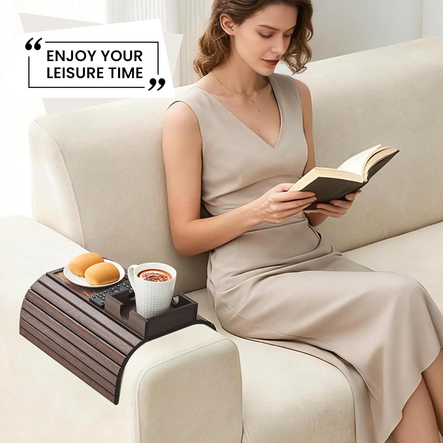 LOVYANXUE Bamboo Sofa Arm Tray Table, Foldable Couch Cup Holder, Anti-Slip Wide Couch Arm Tray Aremrest Table for Drink, Cup, Remote, Snacks, Cellphone, Portable, Brown