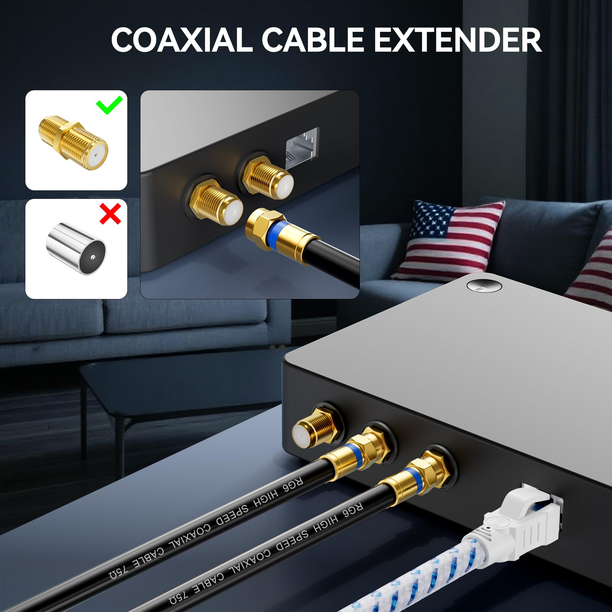Digoloan Cavo coassiale da 3 m, confezione da 5 pezzi, prolunga per cavo coassiale RG6 con connettore F dorato, cavo Internet ad alta velocità per TV HD, modem, antenna digitale, satellitare, nero