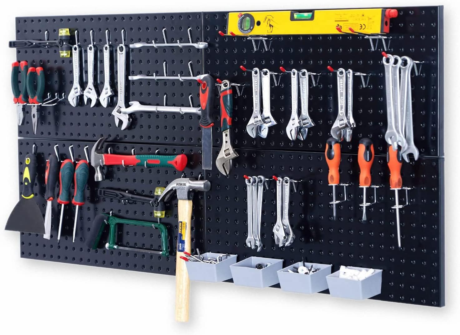 Wallmaster Pegboard Organizer Garage Storage - 48pcs Pegboard Hooks Set, Pegboard Tool Organizer with 48x24 Inch Steel Peg Board & 4 Storage Bins（Black）
