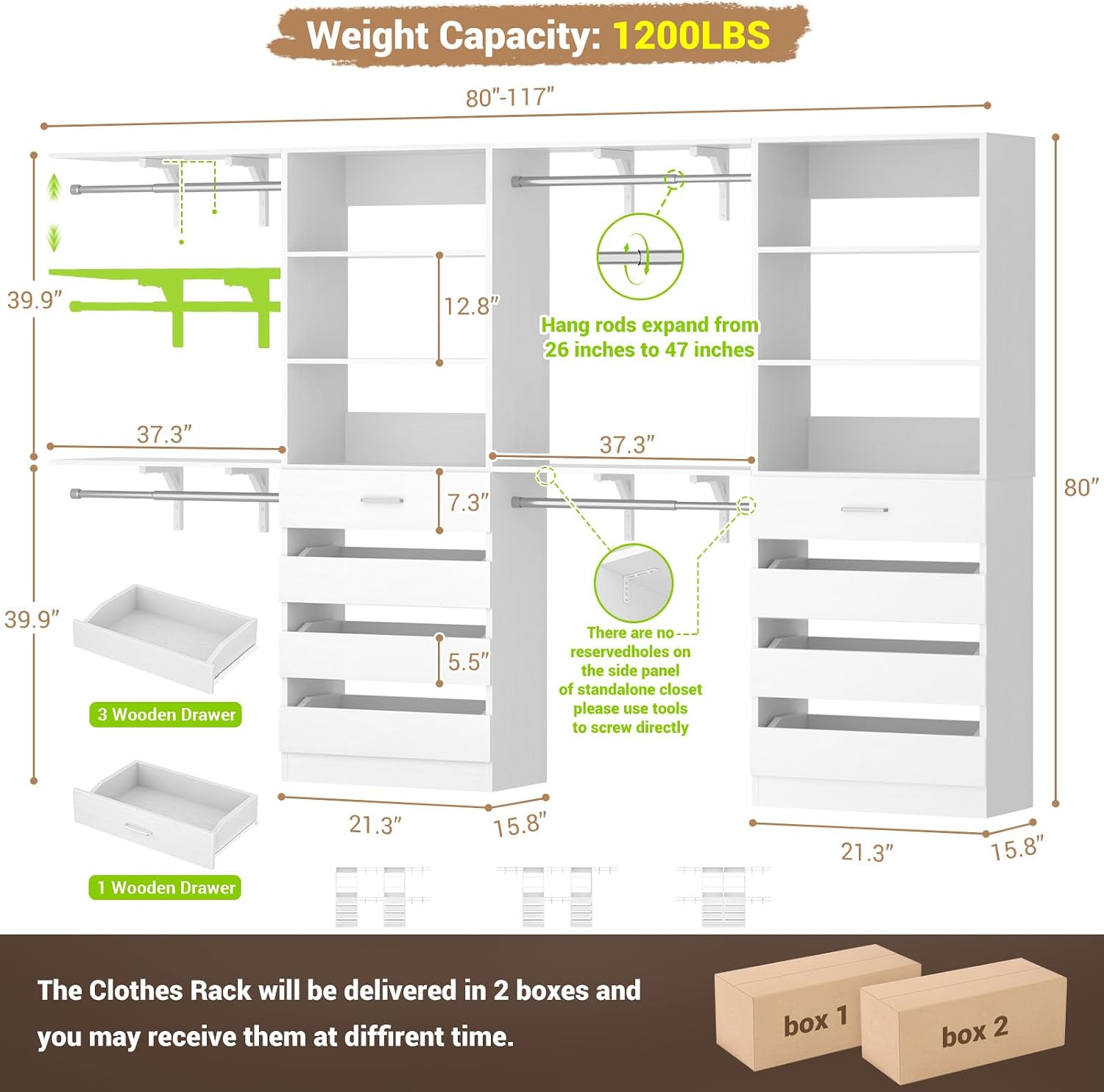 Diagram showing the dimensions of the Aheaplus Closet System, its 1200 lbs weight capacity, and an illustration of two separate boxes for delivery. A specific callout highlights that there are no reserved holes on the side panel of standalone closet units, requiring tools to screw directly.