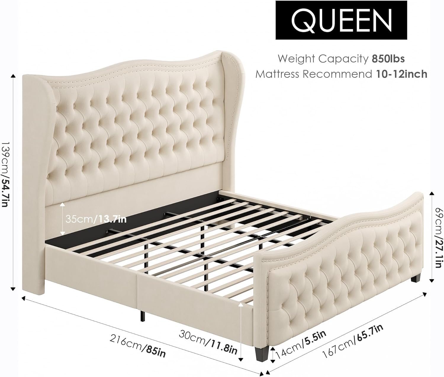 Diagram showing the dimensions of the HOSTACK Queen Bed Frame