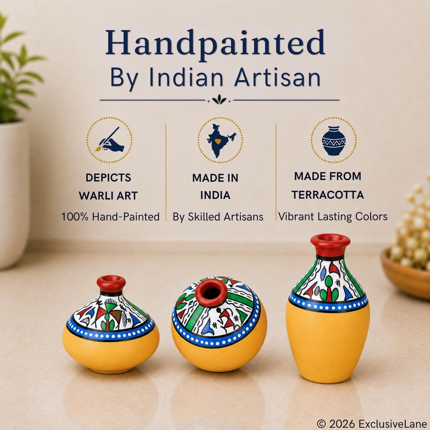 Warli Handpainted Terracotta Pots - Set of 3 -2