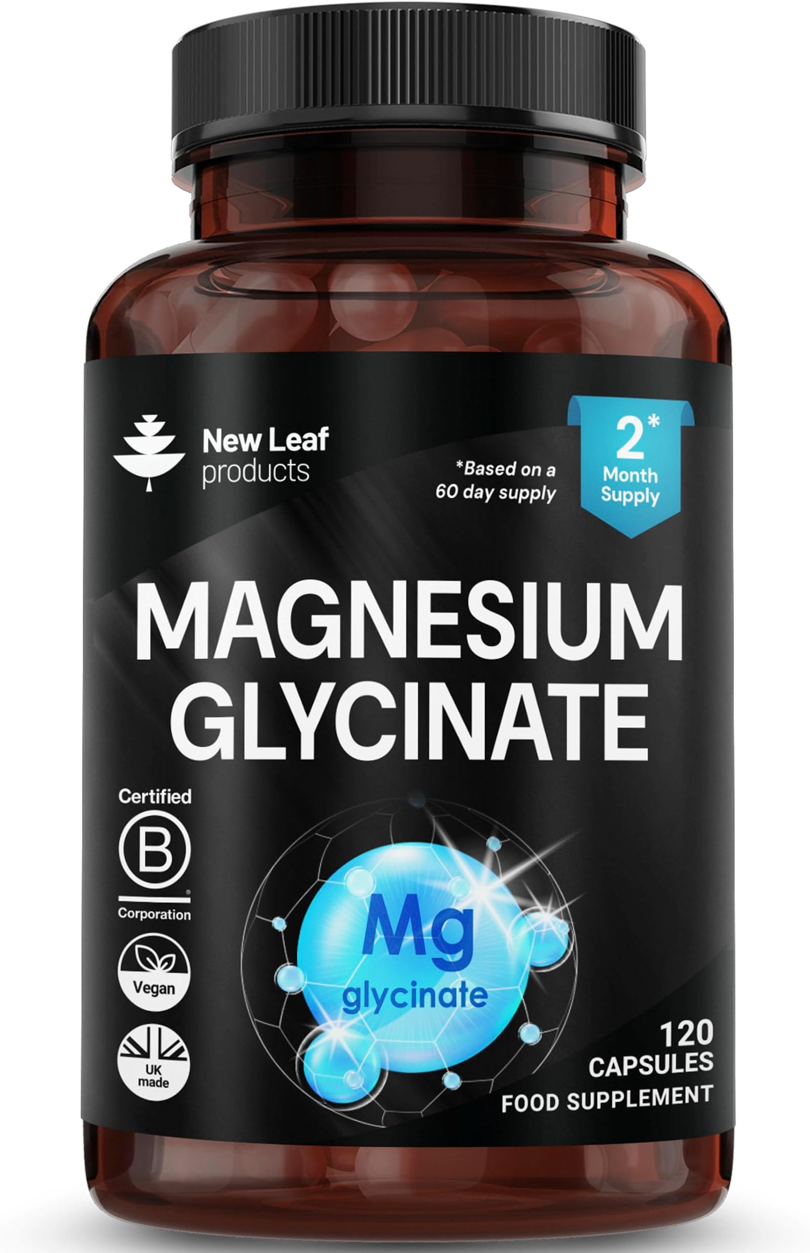 Magnesium Glycinate Supplements - 1040mg of Magnesium - 120 High Strength Capsules Providing 208mg Elemental Per Serving - Pure Active Ingredient - UK Manufactured By New Leaf Products