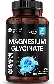 Magnesium Glycinate Supplements - Pure Active Ingredient - 120 High Strength Vegan Capsules Providing 208mg Elemental Per Serving - UK Manufactured By New Leaf Products 1040mg of Magnesium