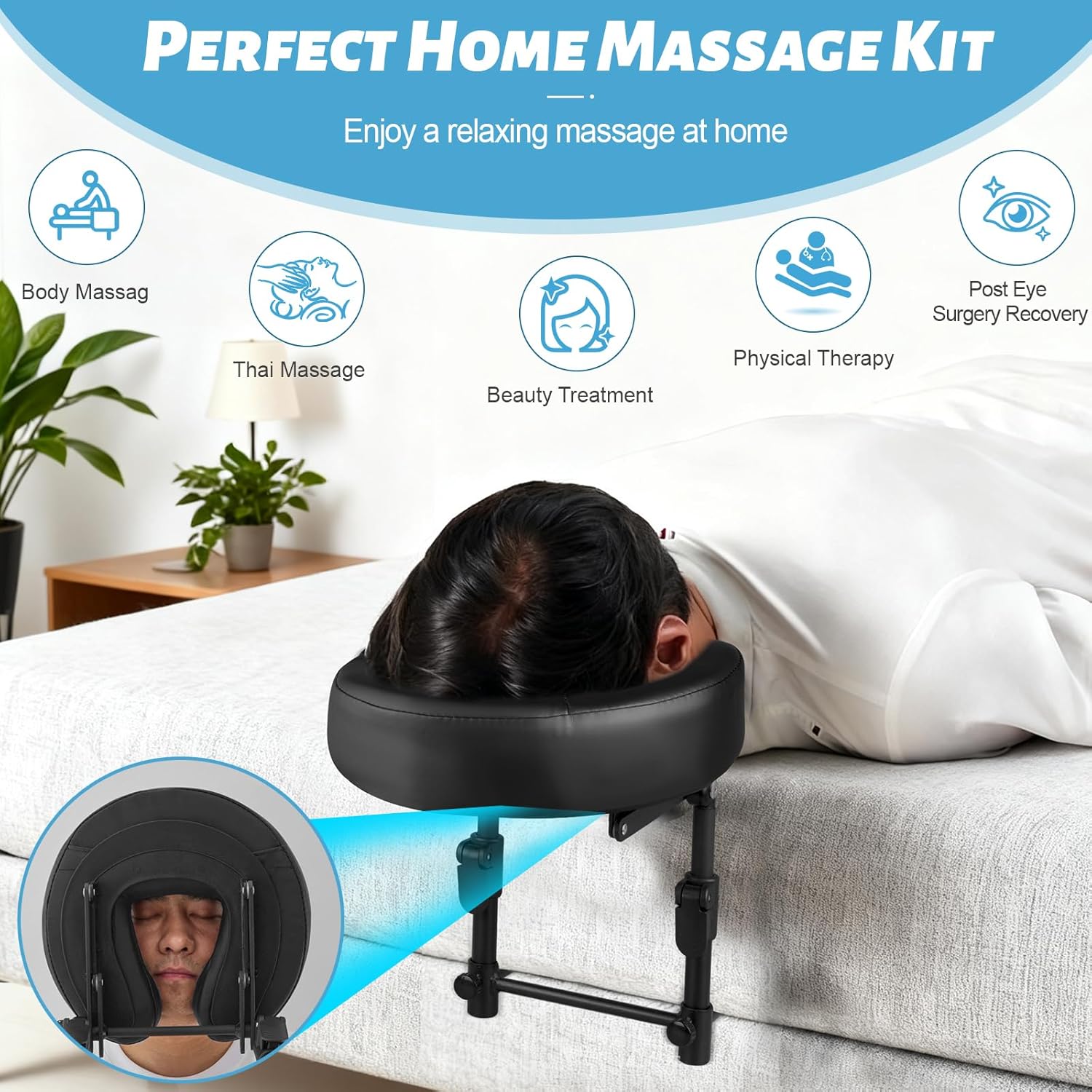 Massage Headrest for Bed, Adjustable Massage Face Cradle at Home, Portable Bed Massage Head Holder, Massage Table Head Rest for Salon Spa, Face Down Pillow After Eye Surgery, Black