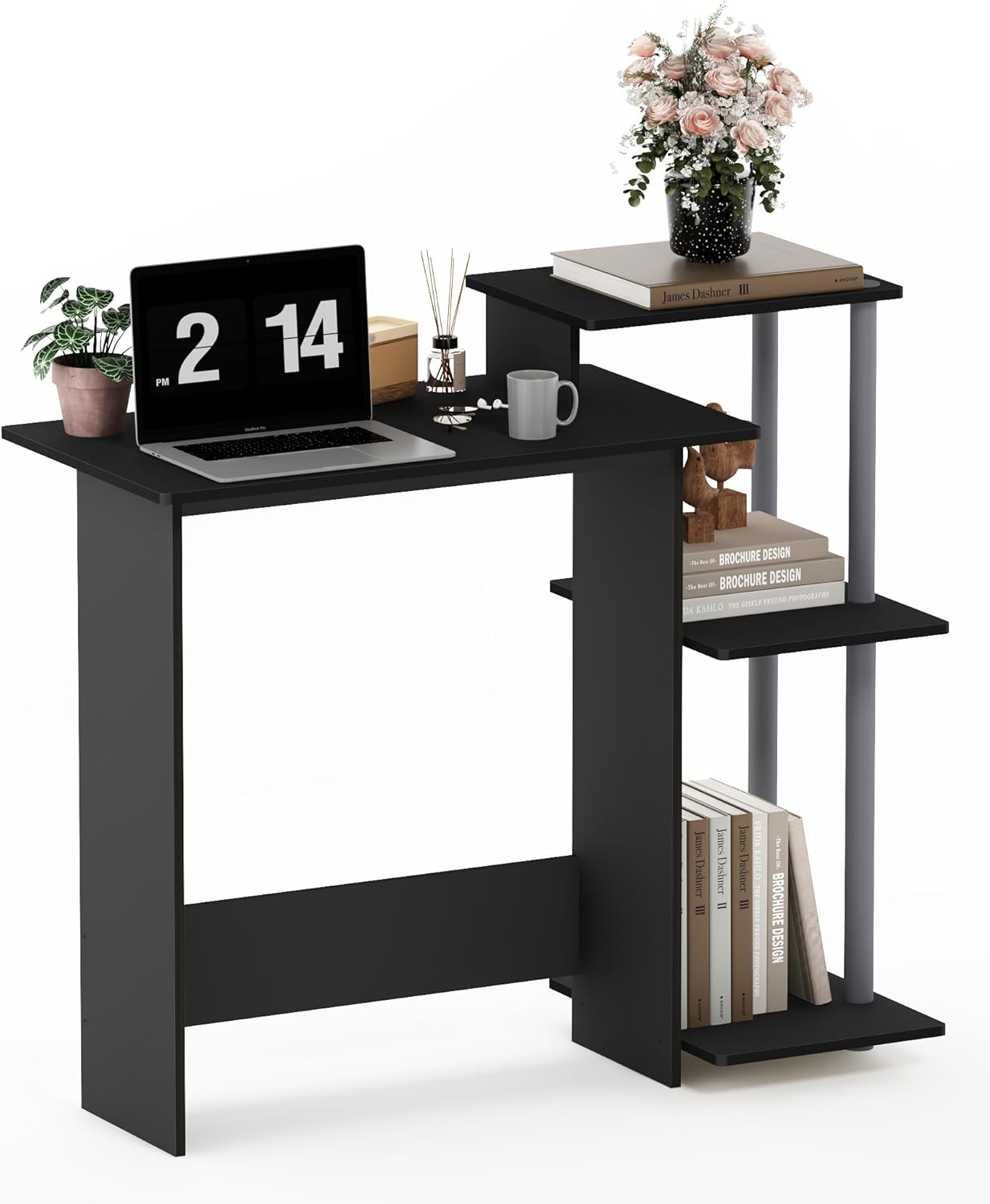 Black Computer Desk, Simple Office Desk with Printer Shelf Rectangular Table for Bedroom Office Table