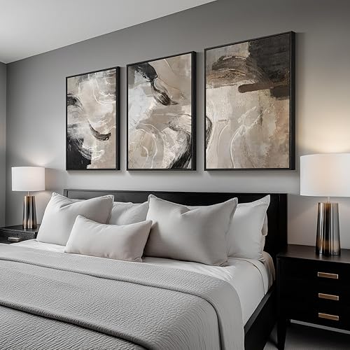 Miniatura 8 de Arte de pared abstracto neutro con marco grande para sala de estar, 3 piezas modernas impresiones en lienzo para paredes, imágenes de tono neutro