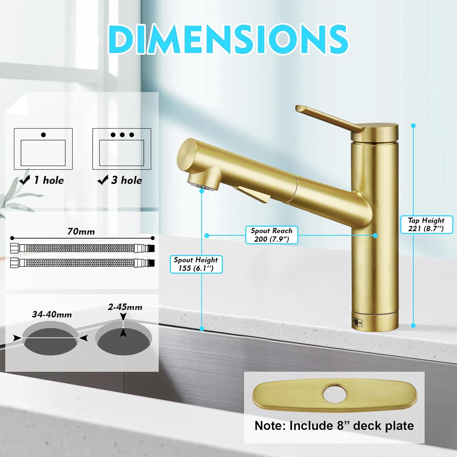 CREA Low Profile Kitchen Faucet with Pull Out Sprayer,Bar Sink Faucet Single Hole Handle,Prep Wet Bar Laundry Utility Short Small Modern Outdoor RV Gold