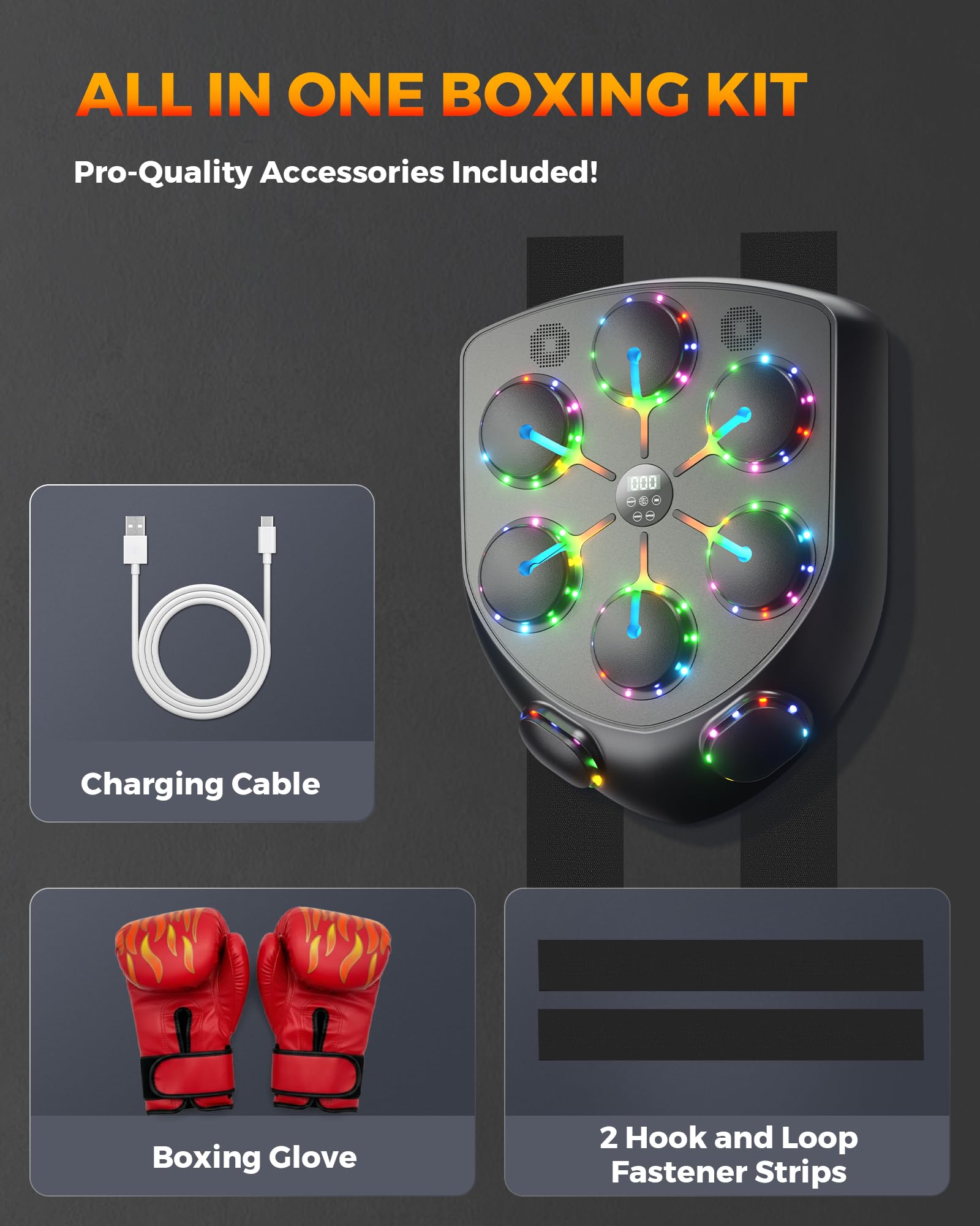 Machine de Boxe Musicale, 2025 Nouvelle LED Boxe Mural Musique avec Gants de Boxe, Mode Bluetooth, 9 Modes de Vitesse et d'entraînement, Mode de Comptage, Music Boxing Machine pour Adultes