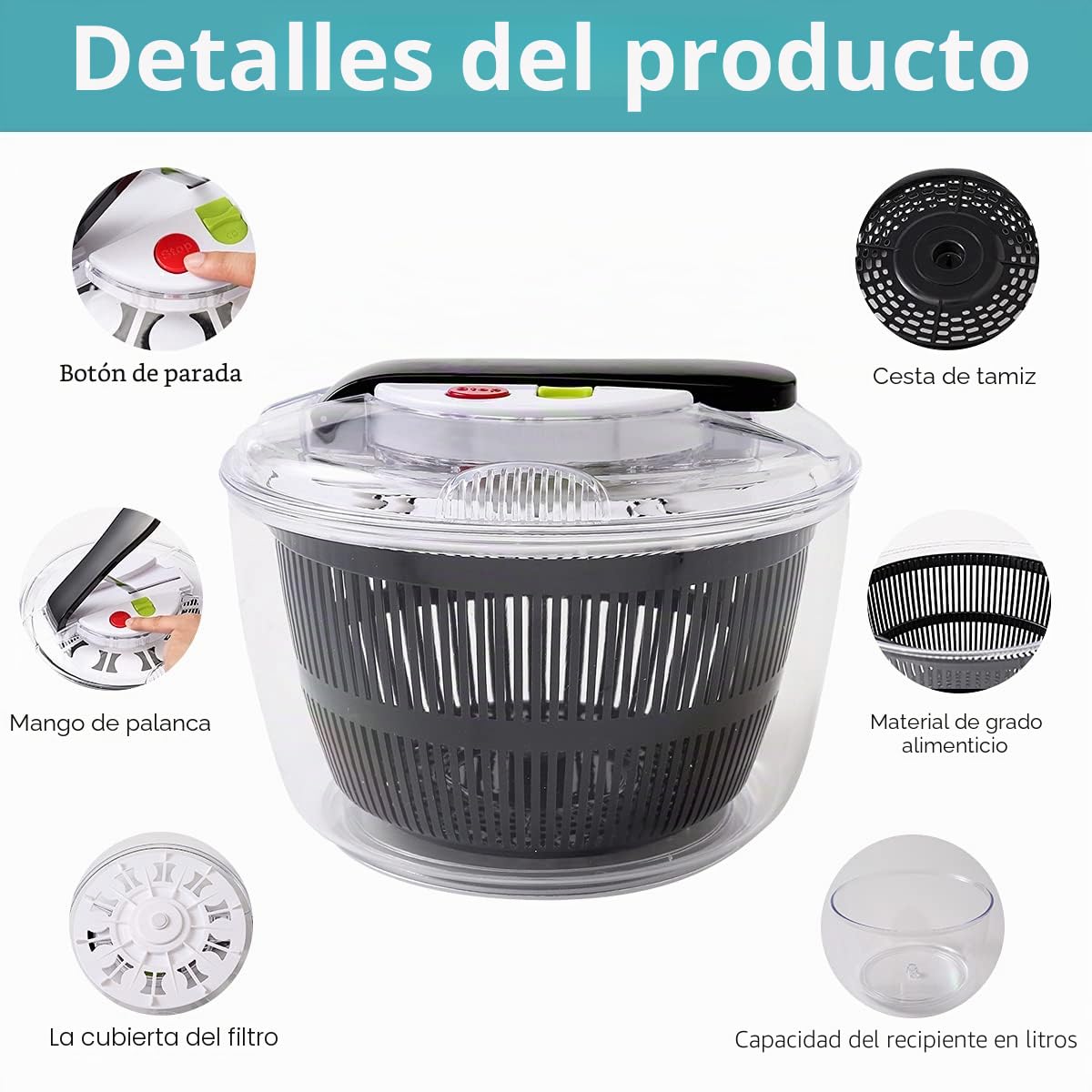 Ensalada Spinner, 5 l grande manual de lechuga y frutas, ensaladas más sabrosas y preparación de alimentos más rápida, bloqueo de secado y drenaje de lechuga lomo rápido