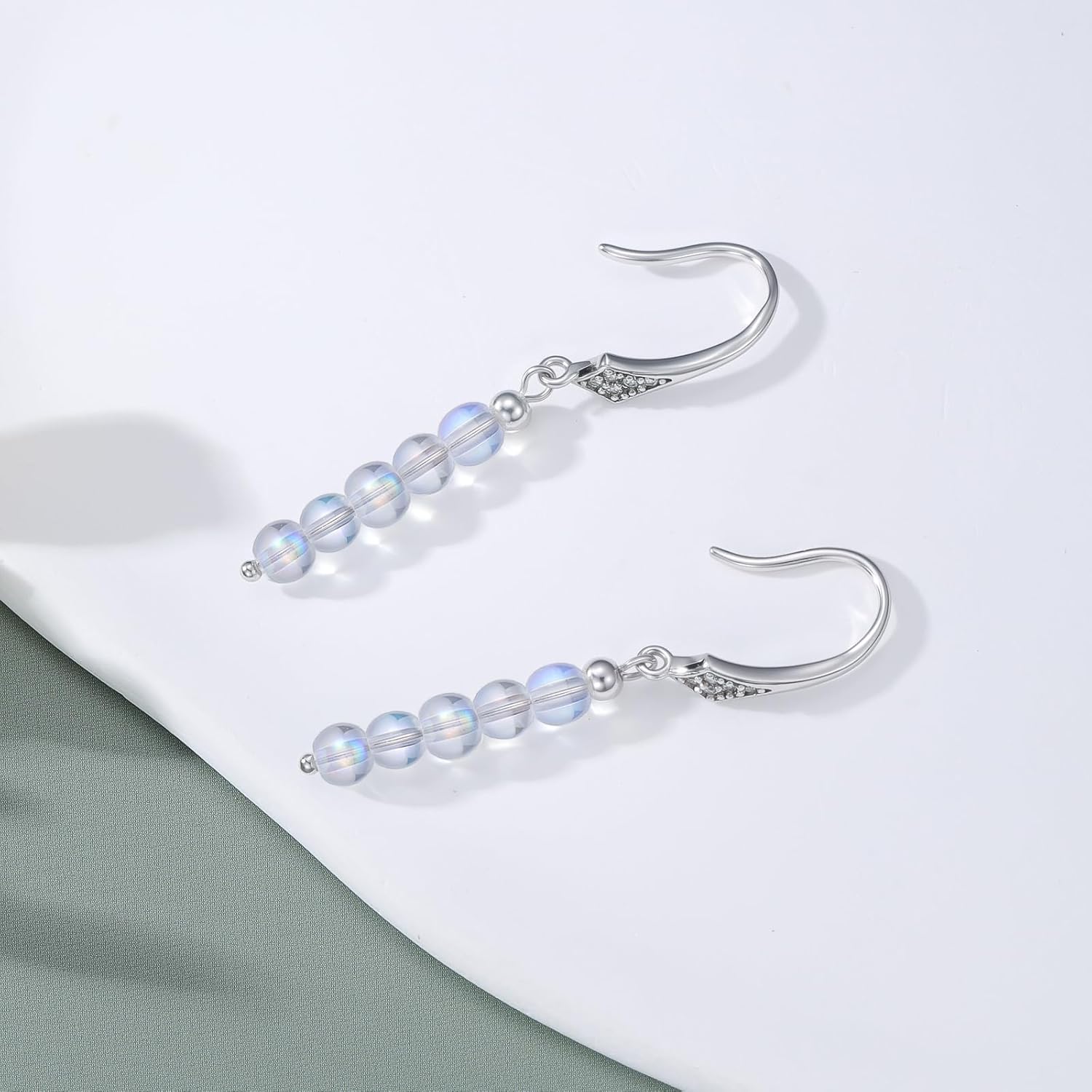 925 Sterling Silver Diamond Moonstone Earrings, Bead Moonstone Dangle Drop Earrings for Women, Diamond Jewelry Gift for Valentine's Day Birthday Anniversary - Image 3