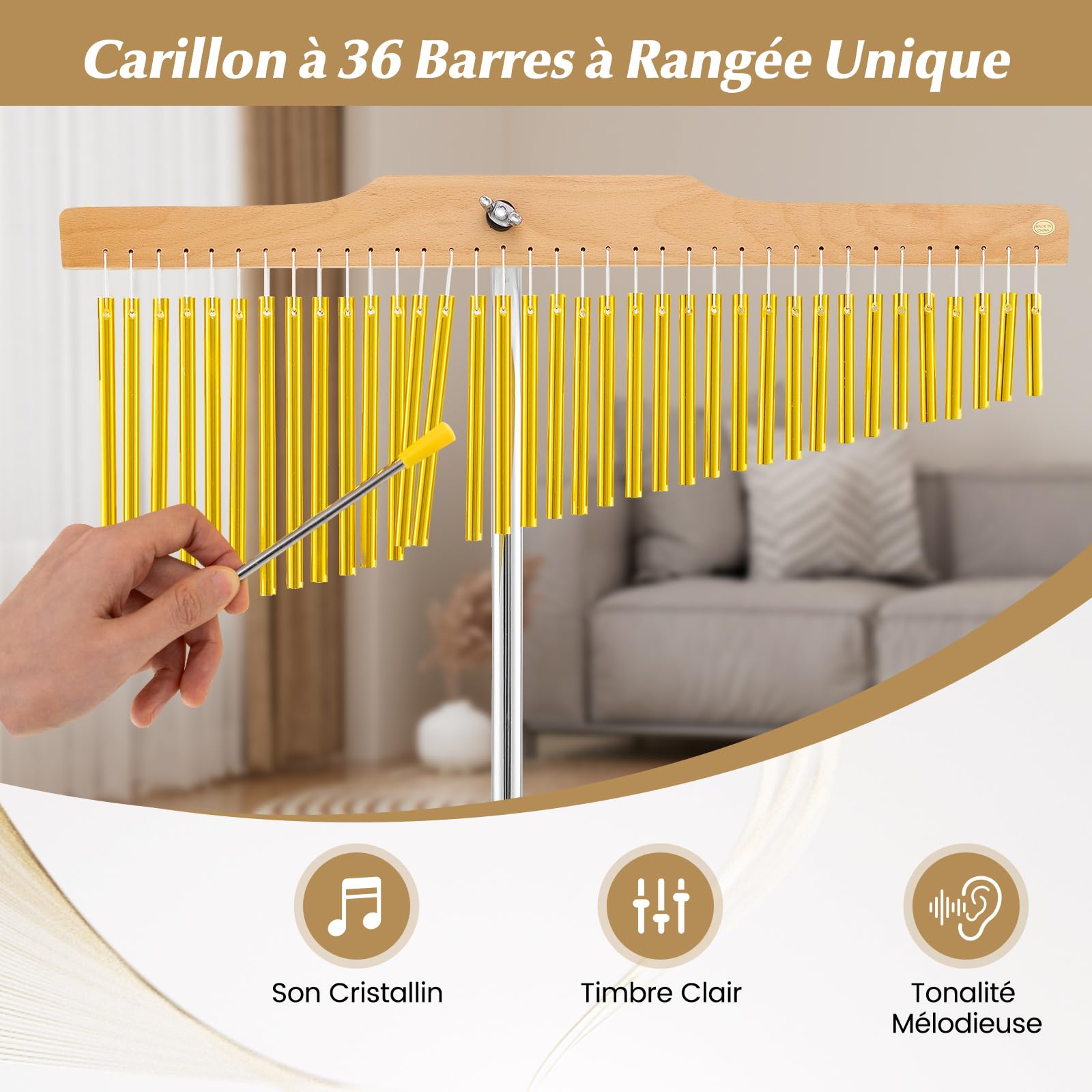 COSTWAY Carillon à Vent 36 Tons avec Support de Levage Réglable, Instrument de Percussion à Une Rangée en Alliage D'aluminium avec Sac & Trépied Pliable pour Performances Chorale Bar