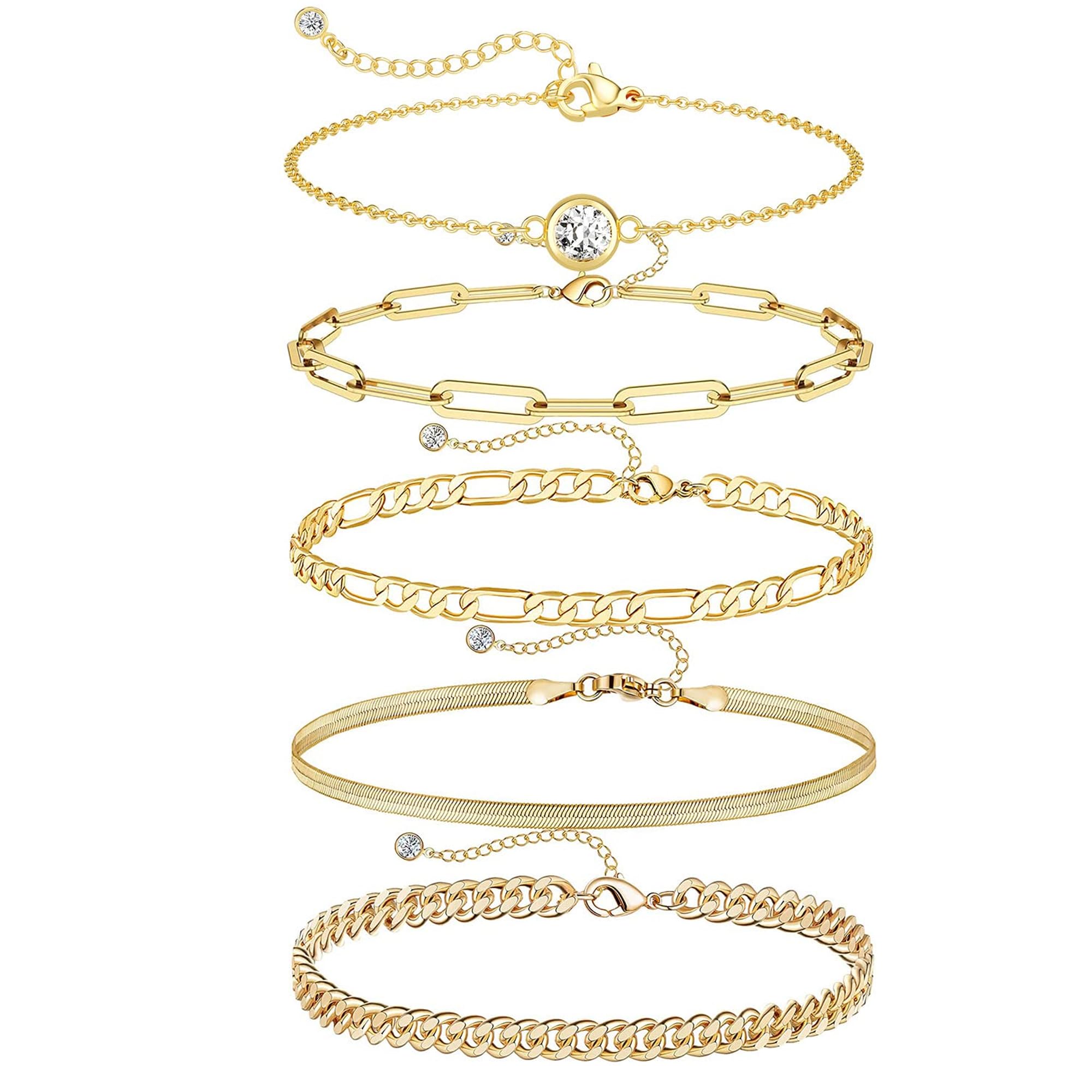 DEARMAY Waterproof Gold Plated Bracelets Set for Women Trendy, Dainty 14K Gold Jewelry Fashion Stackable Tennis Beaded Figaro Herringbone Paperclip Link Bracelet Pack Stack Gifts for Women