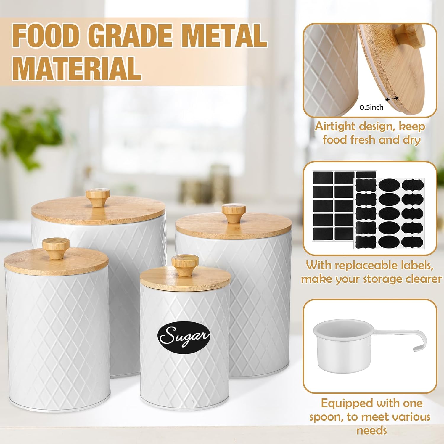 Teenyyou Metal Kitchen Canisters Set with Bamboo Lids and Spoon Airtight High Capacity Coffee Tea Sugar Flour Jars with DIY Labels Farmhouse Extra Large Storage Containers for Kitchen(4 Set,4 Sizes)