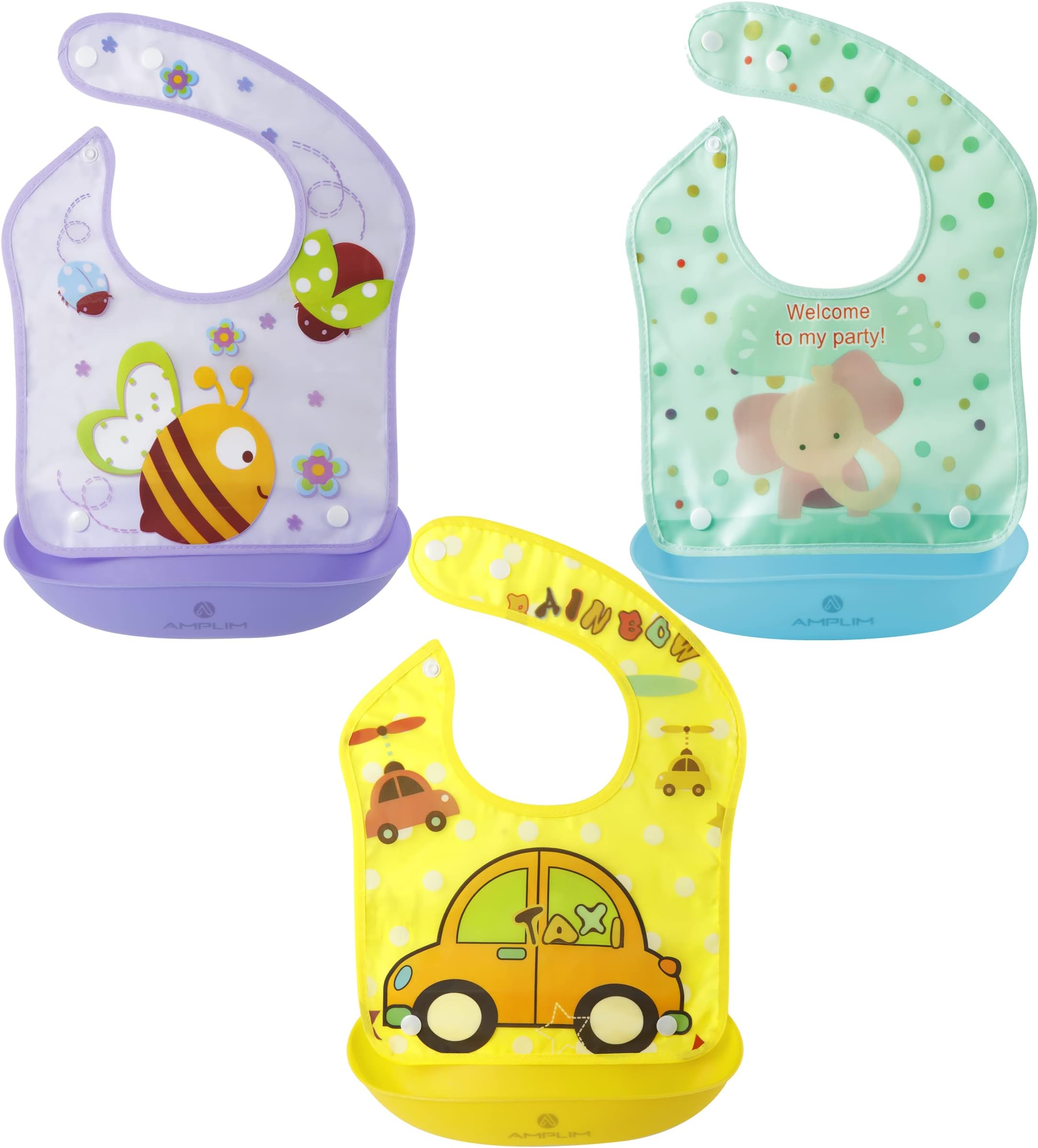 Amplim 3 Pack Unisex Toddler Bib, Blue Yellow Purple, Solid Color, BPA Free