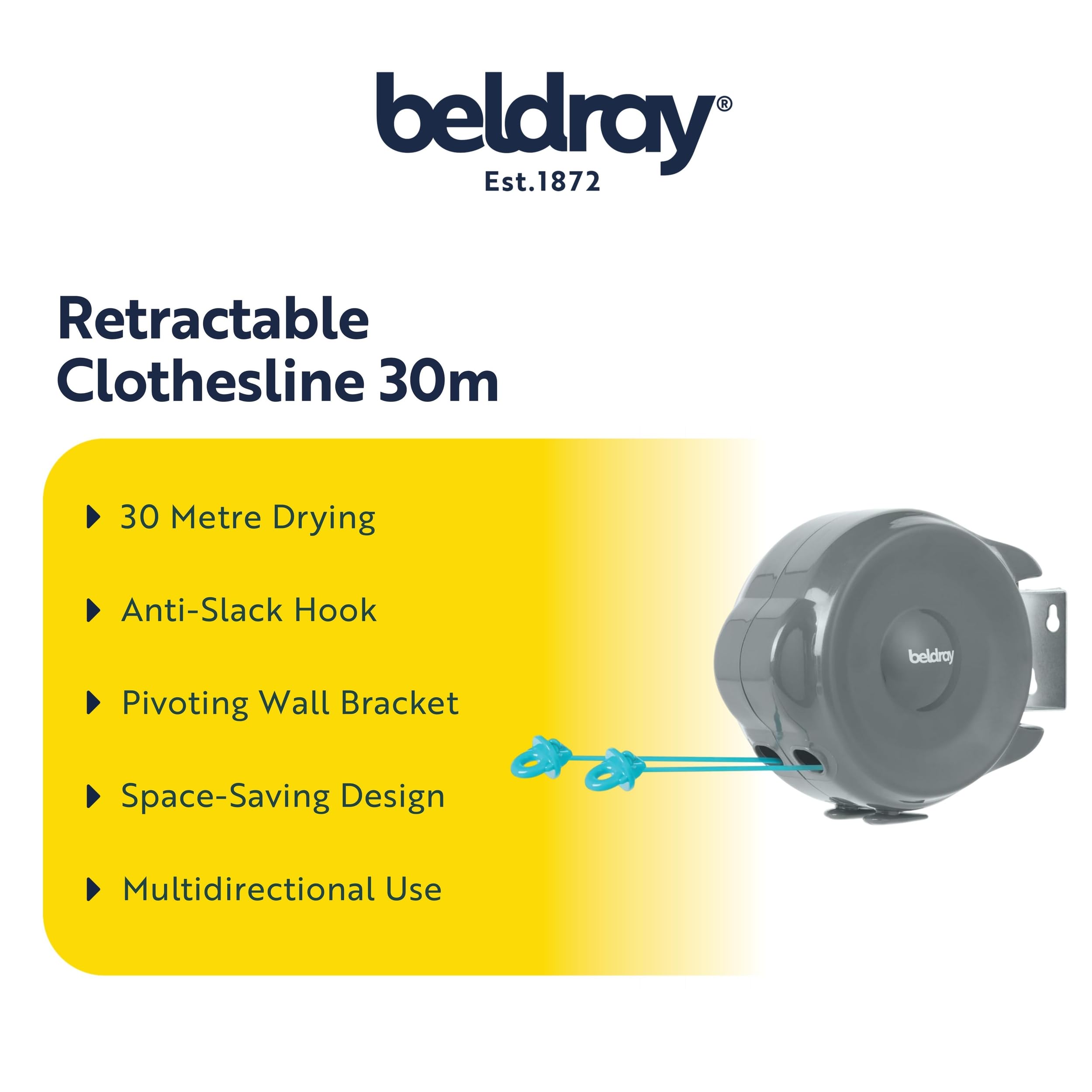 Beldray Retractable Clothesline, 30 Metre Drying Space, Anti-Slack Hook, Pivoting Wall Bracket, Multidirectional Washing Line - Image 2