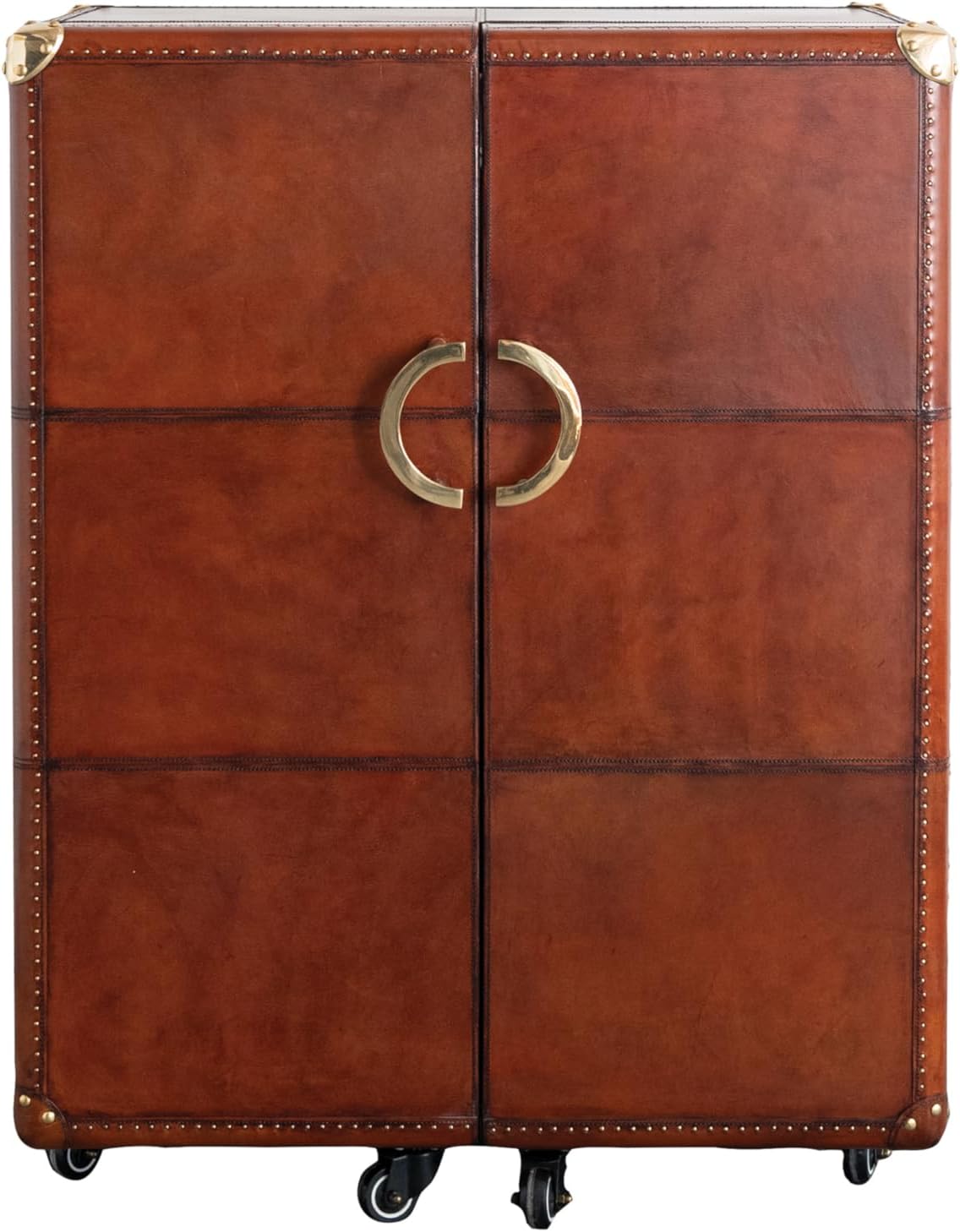 Creative Co-Op Reclaimed Wood and Leather Bar Cabinet on Caster Wheels with Flocked Interior, Cognac Color