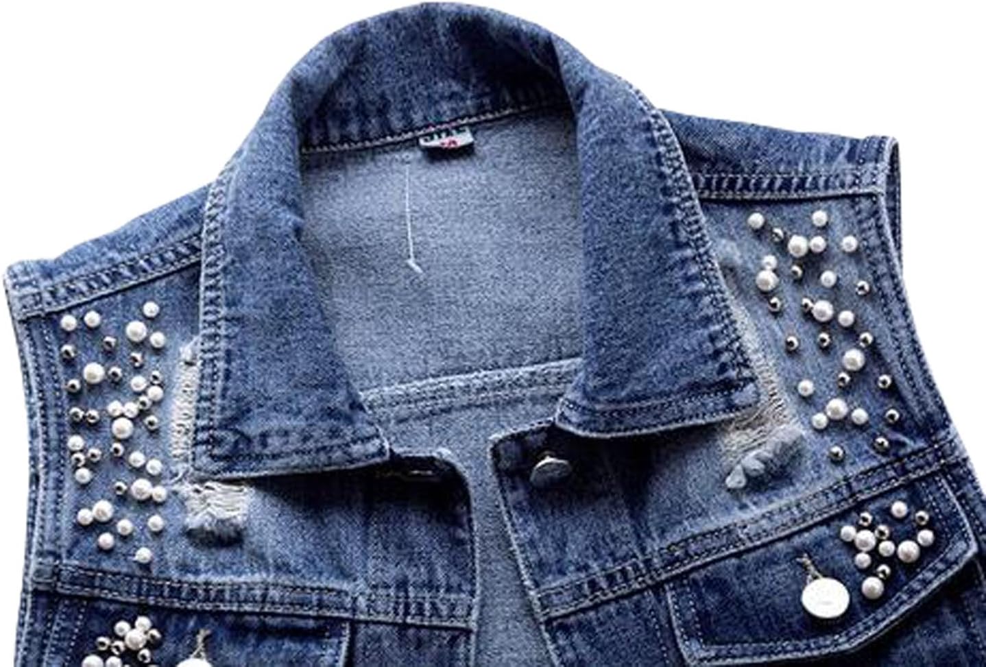 Womens Denim Vest Beading Pearls waistcoat ripped sleeveless jacket Coat - Image 8