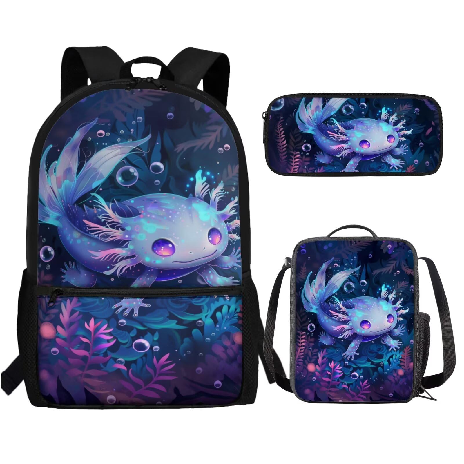 SCRAWLGOD Galaxy Axolotl Backpack with Lunch Box Kids Girls 6-8/5-7 Ocean Elementary School Bookbag for 2nd Grade 3-in-1 Under the Sea Back Pack Lunch