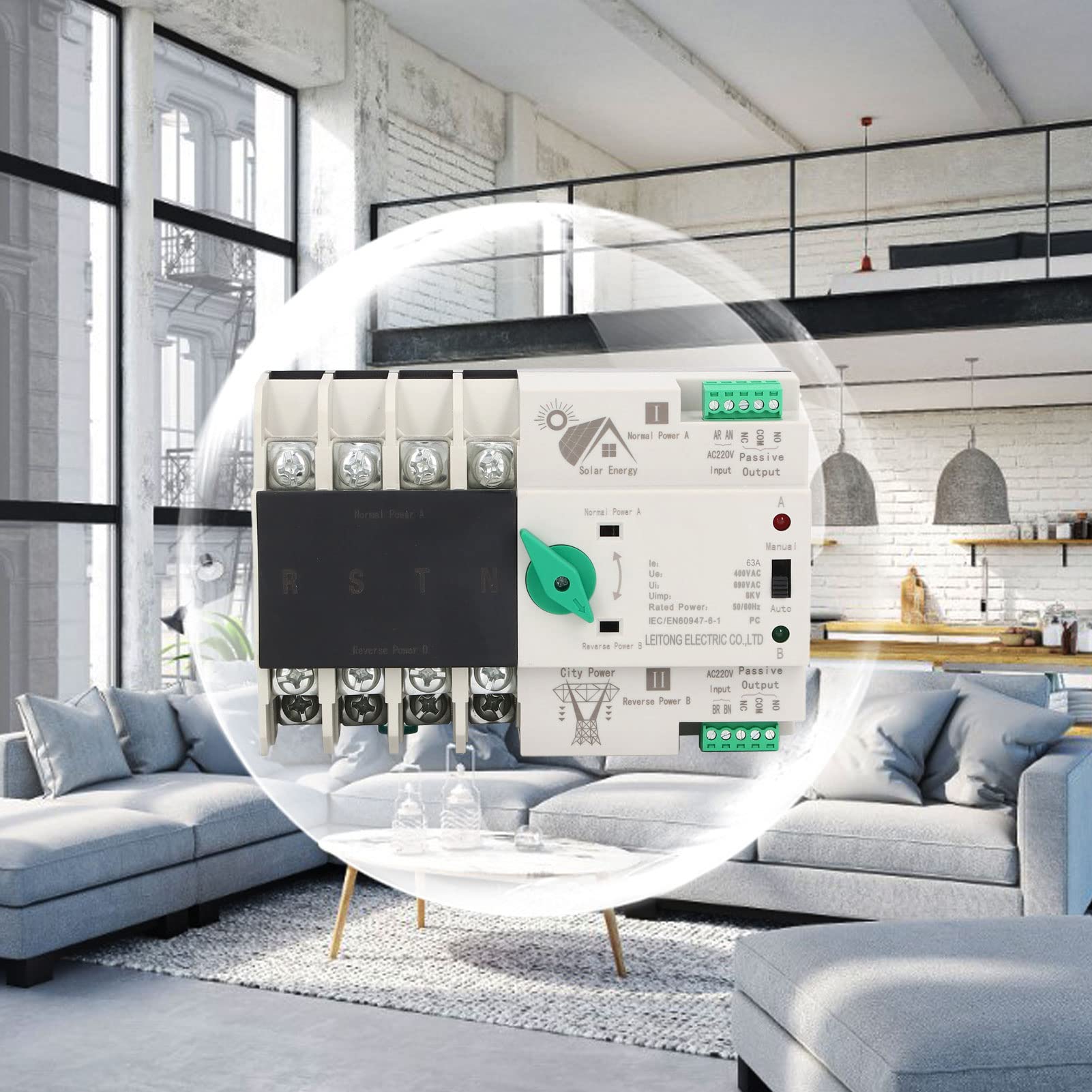 Domary Interruptor de Transferencia Automática de Doble Potencia Práctico Dispositivo 4P Respuesta Rápida para Uso Comercial Industrial AC220V (63A)