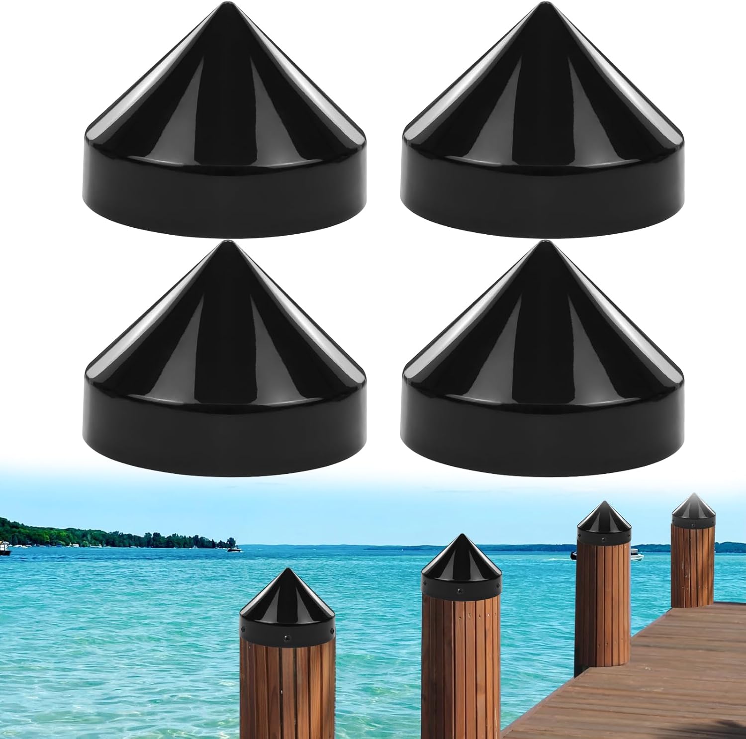 9.5 Inch Piling Caps for Dock,Cone Pylon Cap for Marine Dock Post Pole Pipe Head,Dock Pylon Cover Caps for Marine Boat, Floating Docks, Piers,Black 9.5 Inch 4 Pack-Black