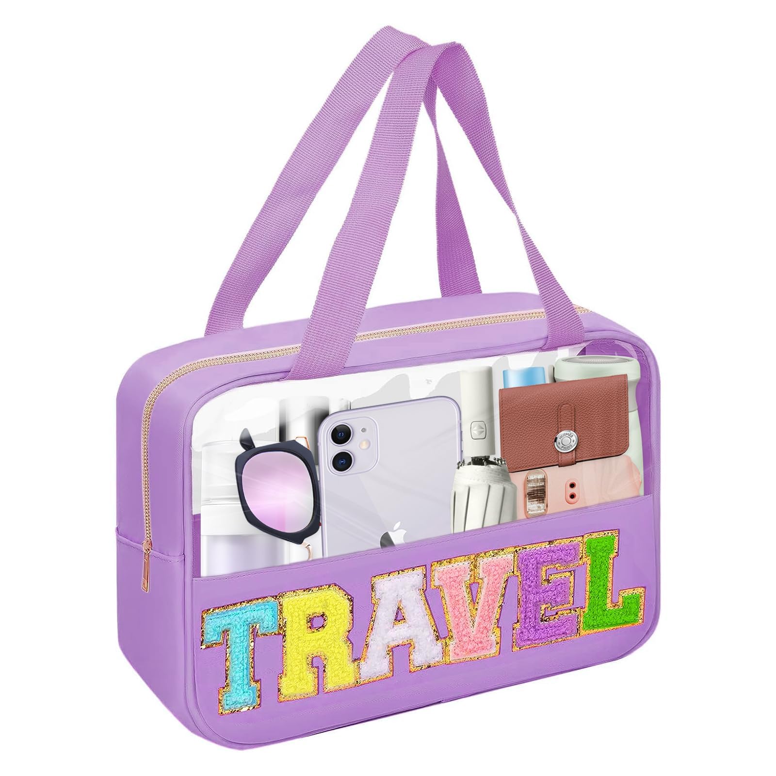 ExceforeChenille Letter Clear Tote Bag - Waterproof, Multi-purpose Transparent Bag for Toiletries, Snacks, Travel - Large Makeup Bag for Women in Purple