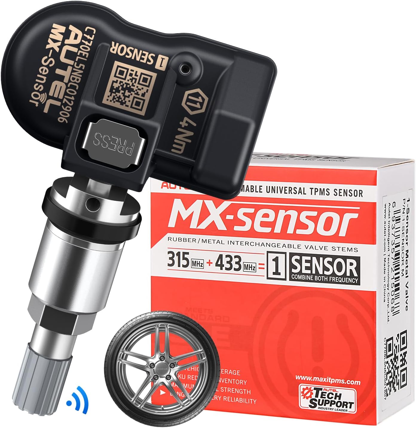 Autel TPMS MX Sensor 315MHz 433MHz Dual Frequency 1-Sensor, OEM Quality Universal Tire Sensors, 100% Programmable with Autel TS408S TS501 TS508 TS508WF MK808S-TS MS906TS (1PCS Press-in Metal Valve)