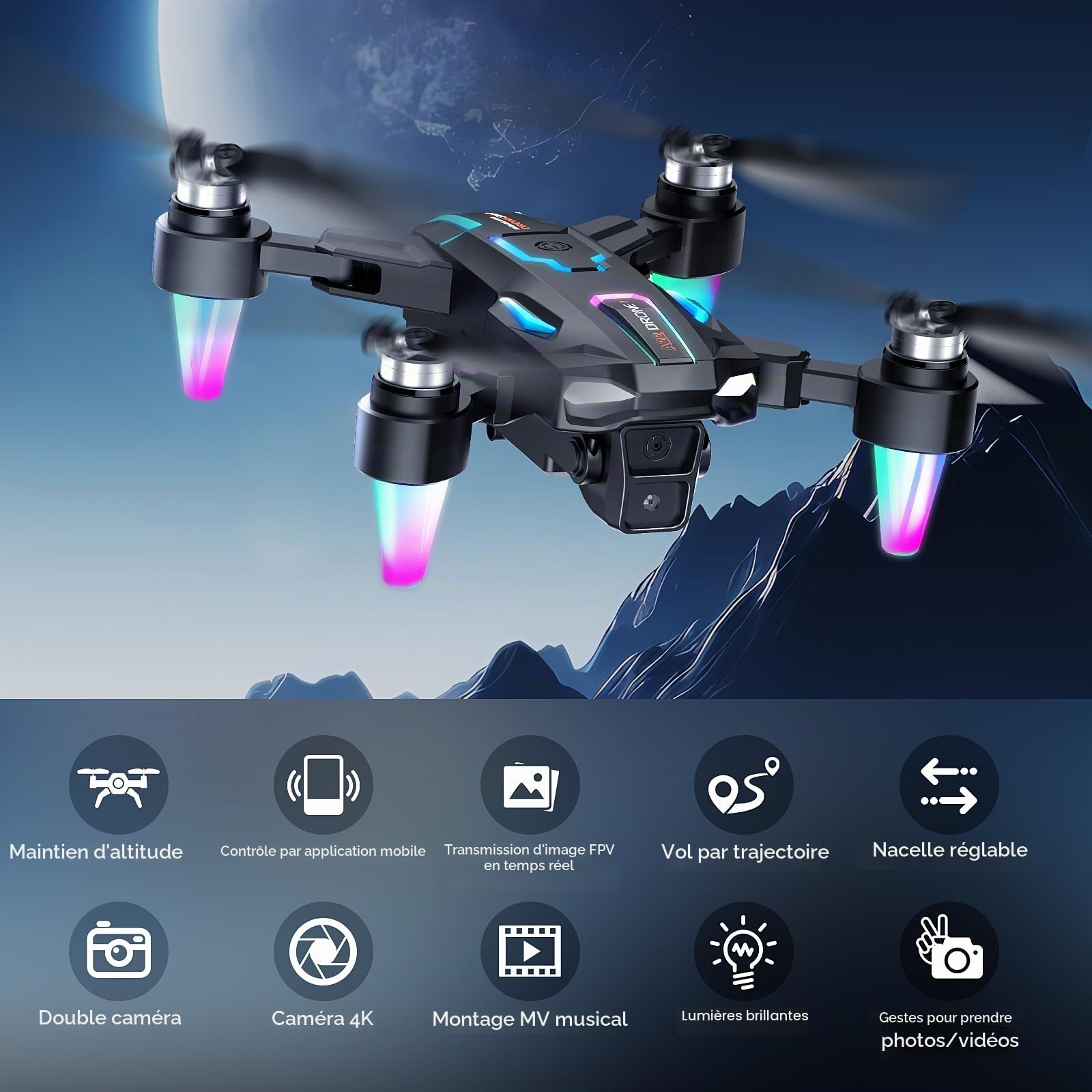 Drone avec Caméra 8K, 360°Flips, WiFi, Moteur Sans Balais, Mode Sans Tête, Décollage/Atterrissage une Touche, Vol Trajectoire, Jouet et Cadeau pour Garçons et Débutants, 2 Batteries (Noir)