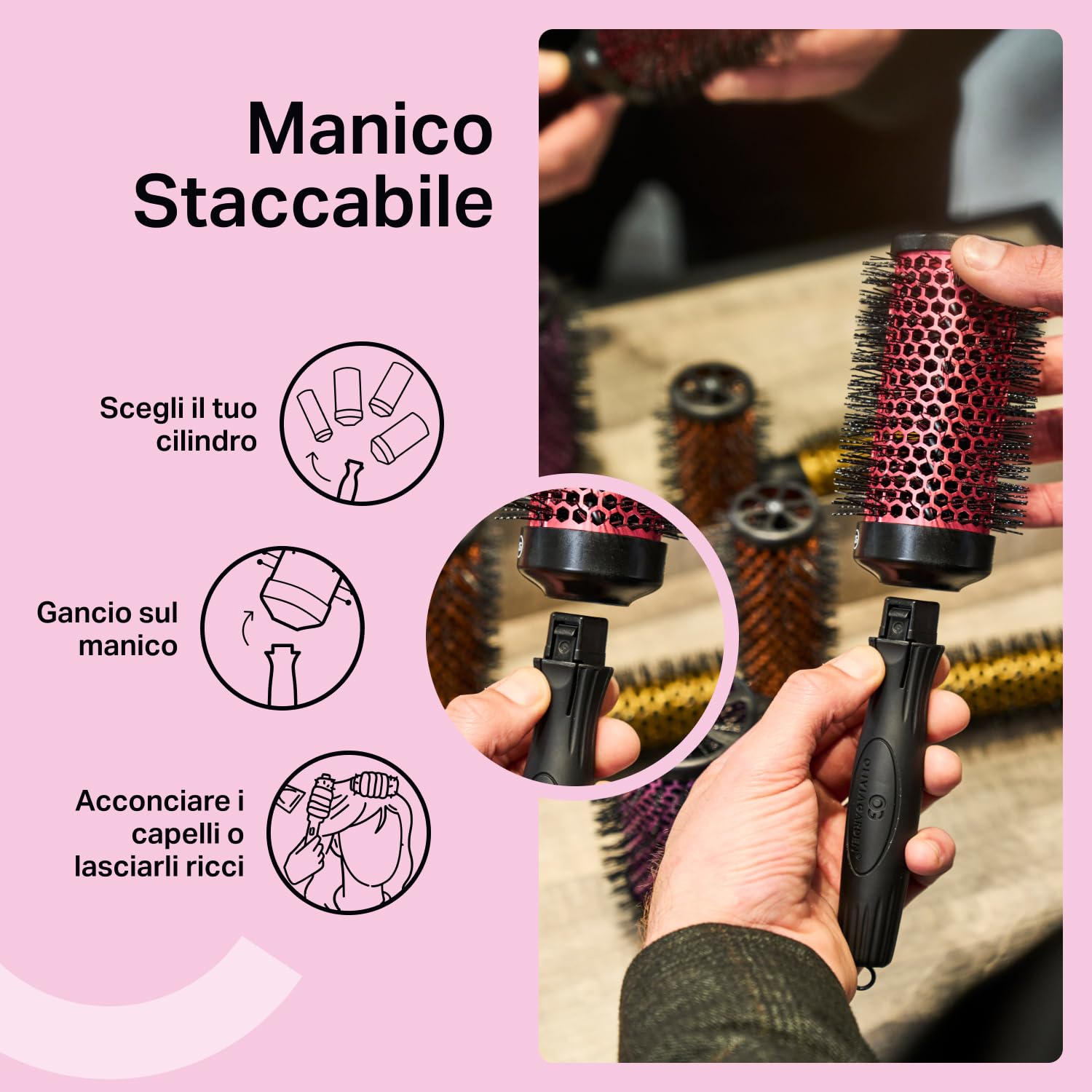 Olivia Garden Kit bigodini multibrush – 4 barili e 1 manico – fusti senza risciacquo, perfetti per ricci e volume