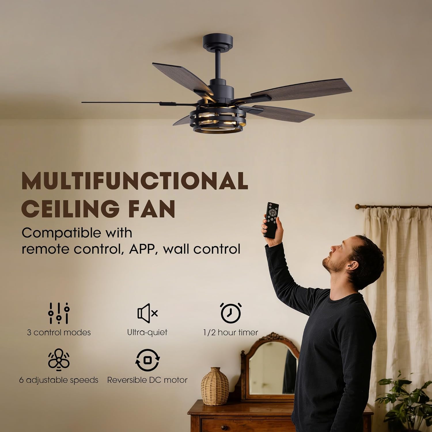SNZ Farmhouse Ceiling Fan with Lights 52 Inch, Rustic Wood Ceiling Fan with Remote Control, Quiet Reversible Motor, LED Dimmable Fandelier for Living Room, Bedroom, Dining Room
