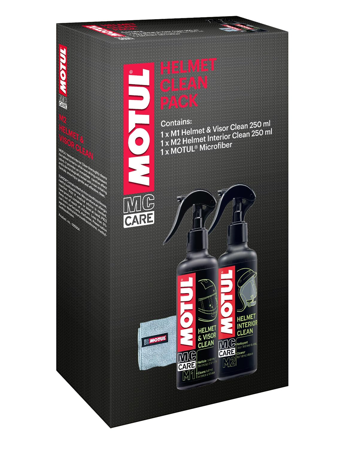 Motul - Kit di Pulizia per Caschi da Moto - Pulitore Esterno per Casco e Visiera + pulitore Interno + Panno in Microfibra - MC Care Helmet & Visor Clean M1 - MC Care Helmet Interior Clean M2
