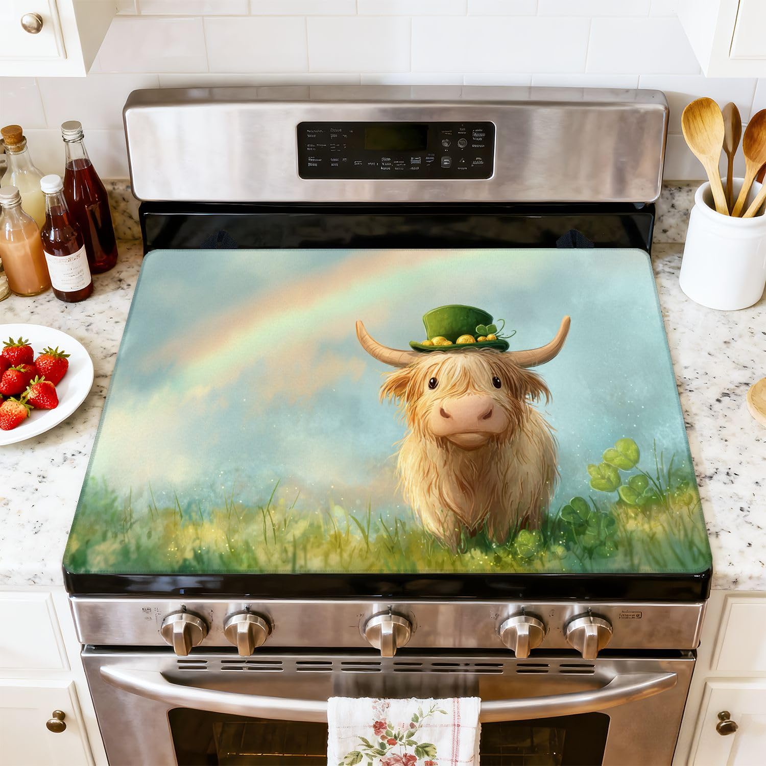 Stove Top Cover for Electric Stove Charming Highland Cow Pastel Rainbow Lucky Coins Clover Heat Resistant Glass Cooktop Protector Flat Top Oven Cover Mat Prevent Scratching 28" x 20"