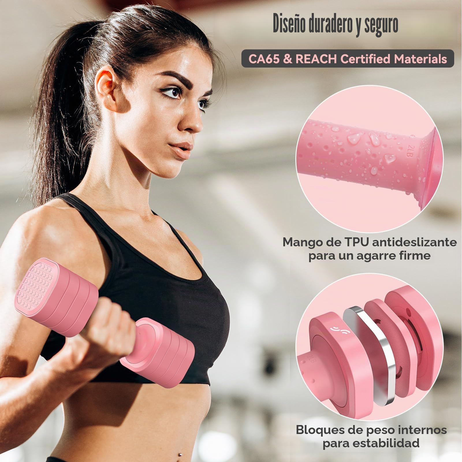 Juego de mancuernas para mujer, Sportneer - Mancuernas ajustables - Juego de 2 mancuernas cortas (0,9–2,3 kg por mancuerna), juego de mancuernas 4 en 1 con mango antideslizante de TPU, juego de