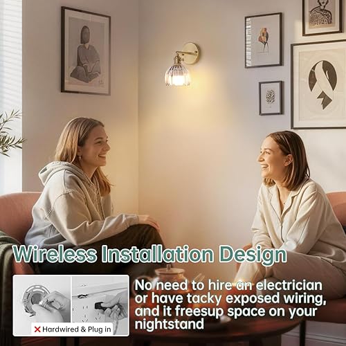 Miniatura 5 de Candelabro de Pared Vintage Operado por Batería con Linda Lámpara de Vidrio Transparente de Tulipán, Luz de Pared Recargable Inalámbrica Alimentada