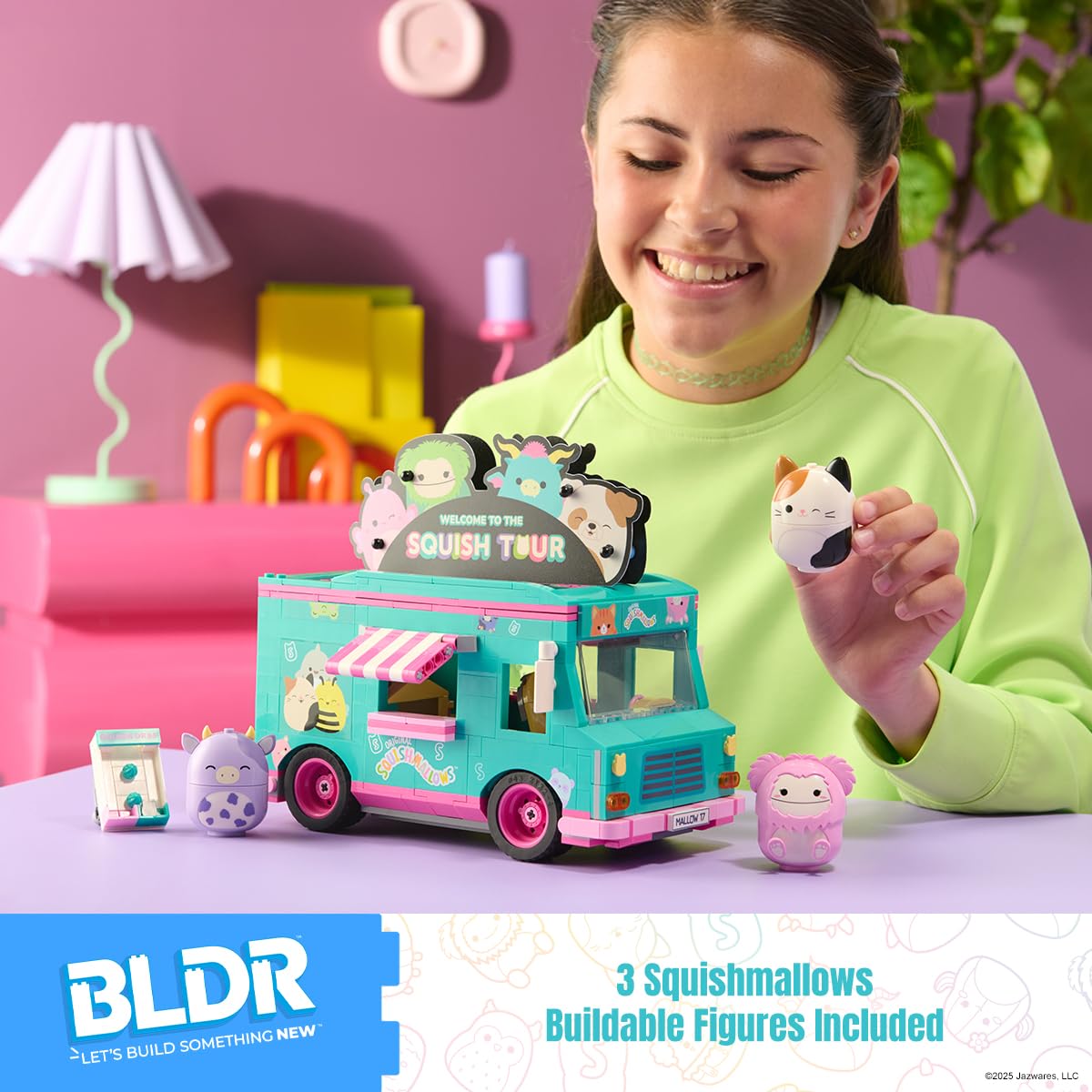Zestaw do budowania Squishmallows Squish Tour Van – Cam The Cat, Bubba The Cow i Brina The Bigfoot figurki do budowania – dla fanów Squishmallows 8+, 0098