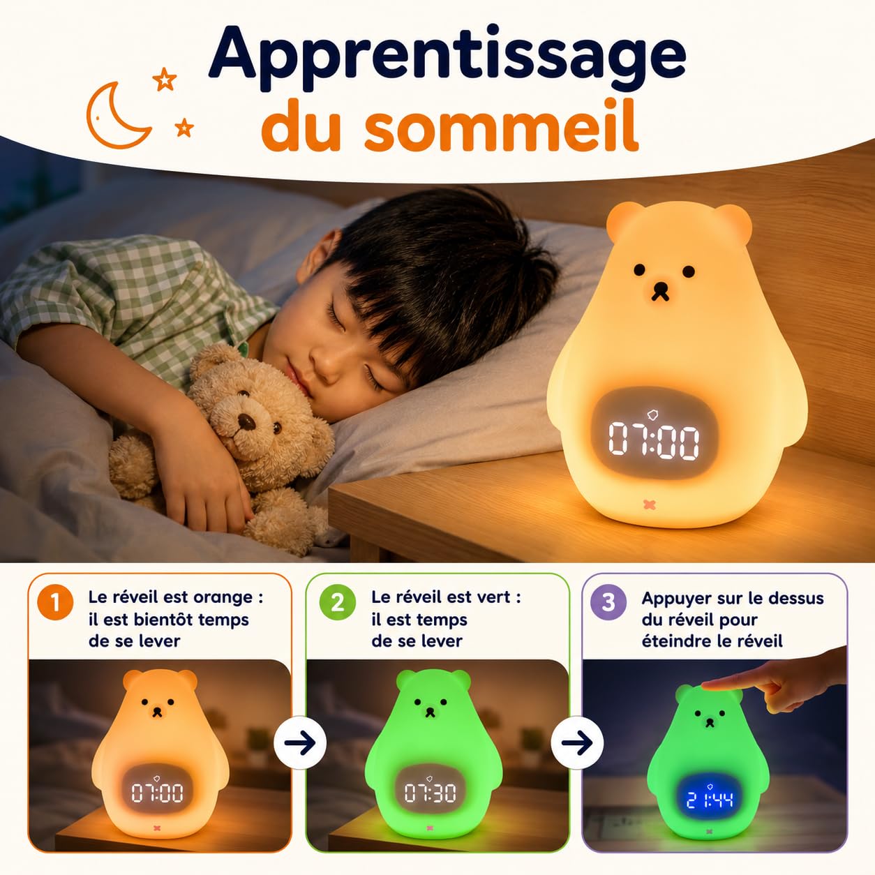 Kinderwecker Tag / Nacht mit LED-Nachtlicht – Steuerung über App iOS/Android – Lernwecker und beleuchtet – wiederaufladbar – Schlaf lernen – Mädchen & Jungen