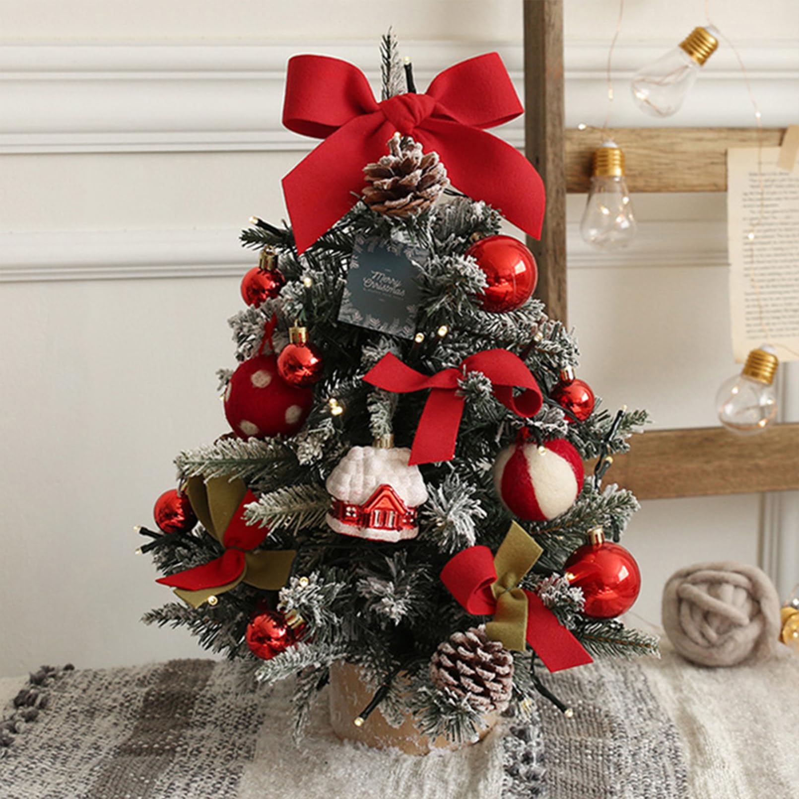 Mini Christmas Tree, 18 Inch Small Christmas Tree with Lights, Tabletop Christma Tree with Star Treetopper and Hanging Ornaments (F)