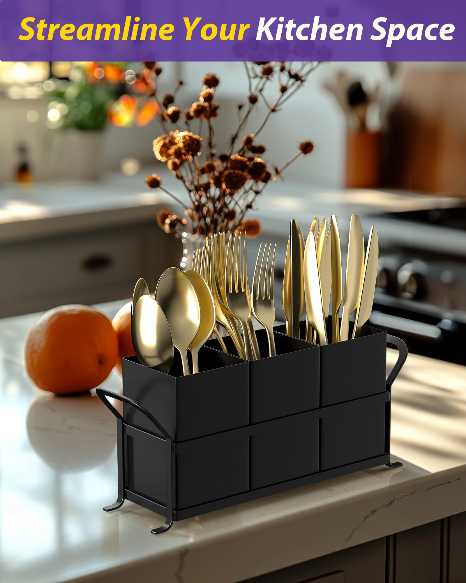 Organizador de cubiertos para fiestas, soporte negro para utensilios de cocina, organizador de metal compacto para cubiertos, cubiertos, cucharas, tenedores y cuchillos, bonito recipiente