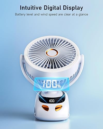 Vista 5 de Ventilador de clip recargable con luz LED, batería de 10000 mAh y pantalla digital, 40 horas, ventilador de escritorio silencioso de 5 velocidades