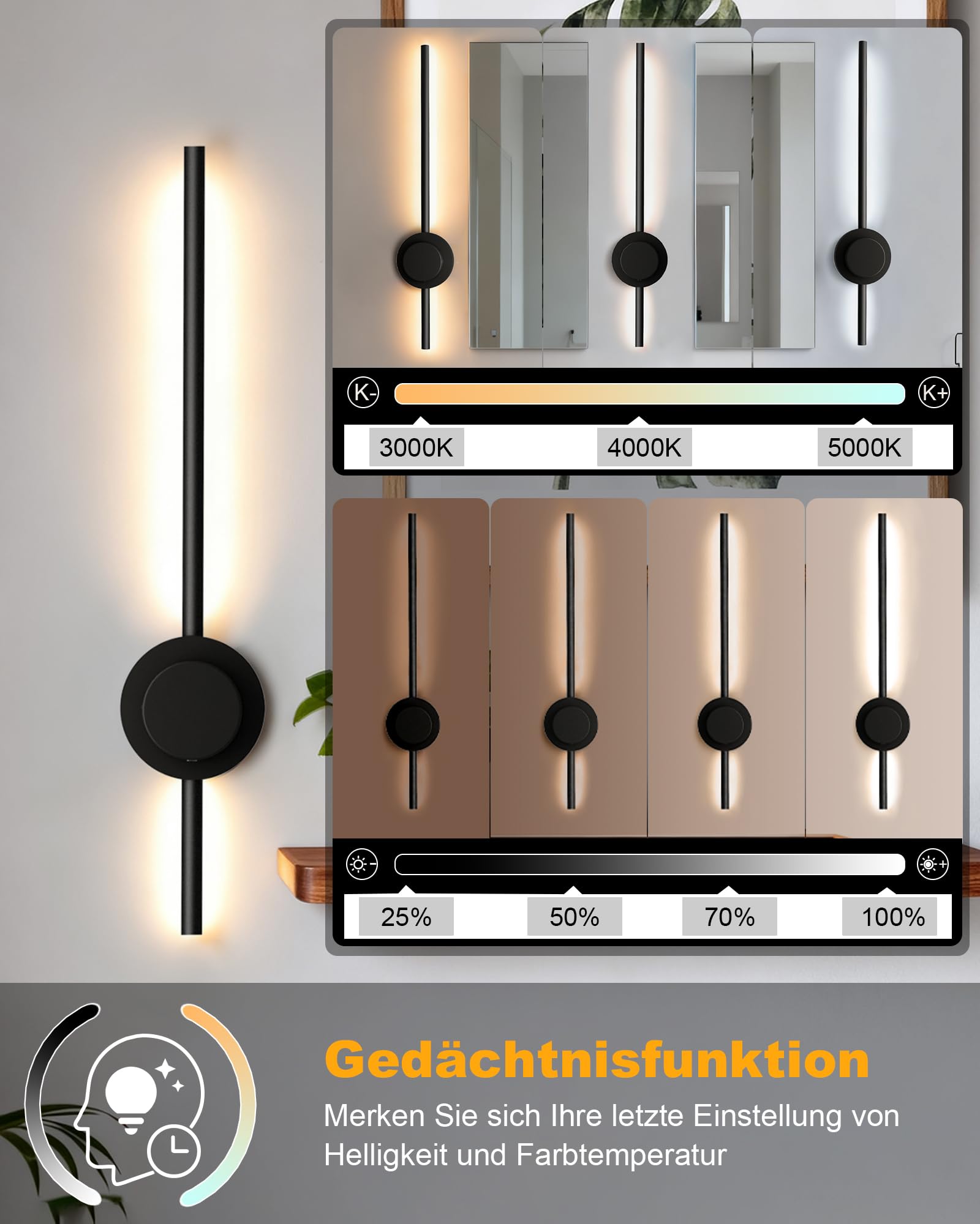 BRIMAX 2 Stück LED Akku Wandlampe Innen 70 cm Schwarz Kabellos | 3000–6500K, dimmbar, 5000mAh entnehmbarer Akku, Touch & Fernbedienung, moderne Wandleuchte für Wohnzimmer