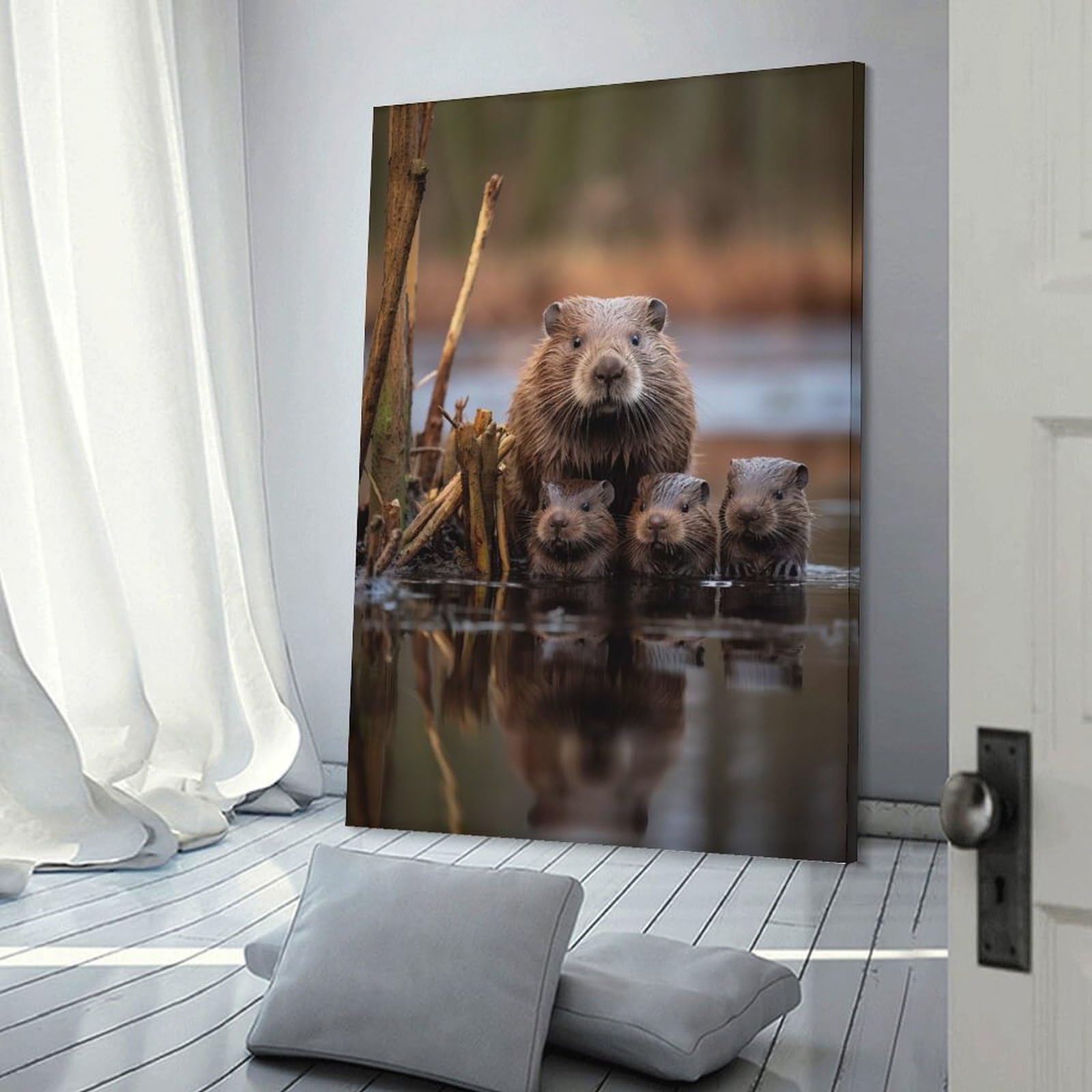 Junmoney Beaver With Kits Photo Wall Decor Canvas Print 24x36inch(60x90cm), for Lounge Decor, Bedroom Walls Or Flats, Canvas Styling for A Polished Room Look