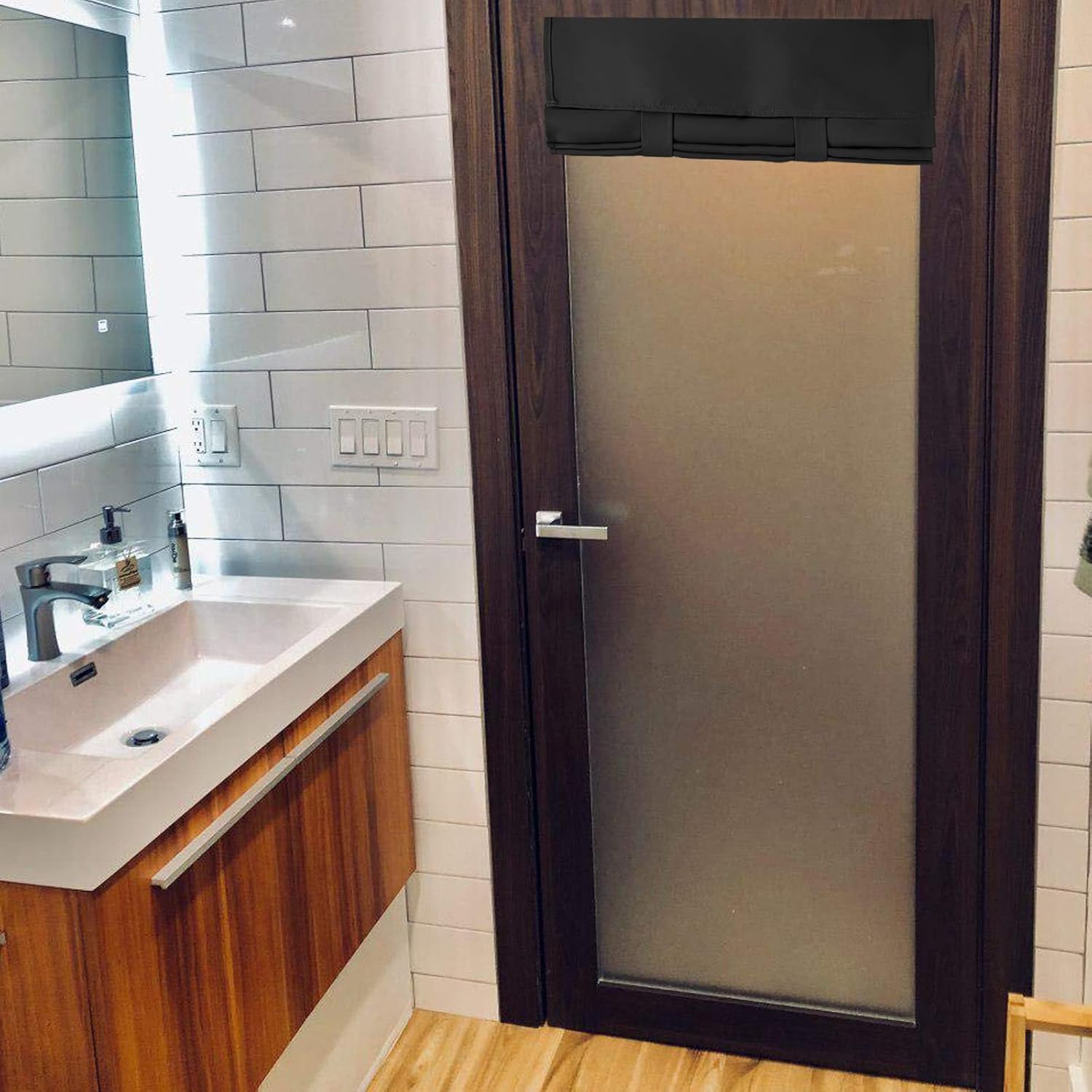 100% Blackout French Door Curtains, Wrinkle Free, Room Darkening, Blocks Light and Heat Through Glass. Drill-Free， Easy Installed Door Window Curtains. (Black,1 Panel, 26"x 80")
