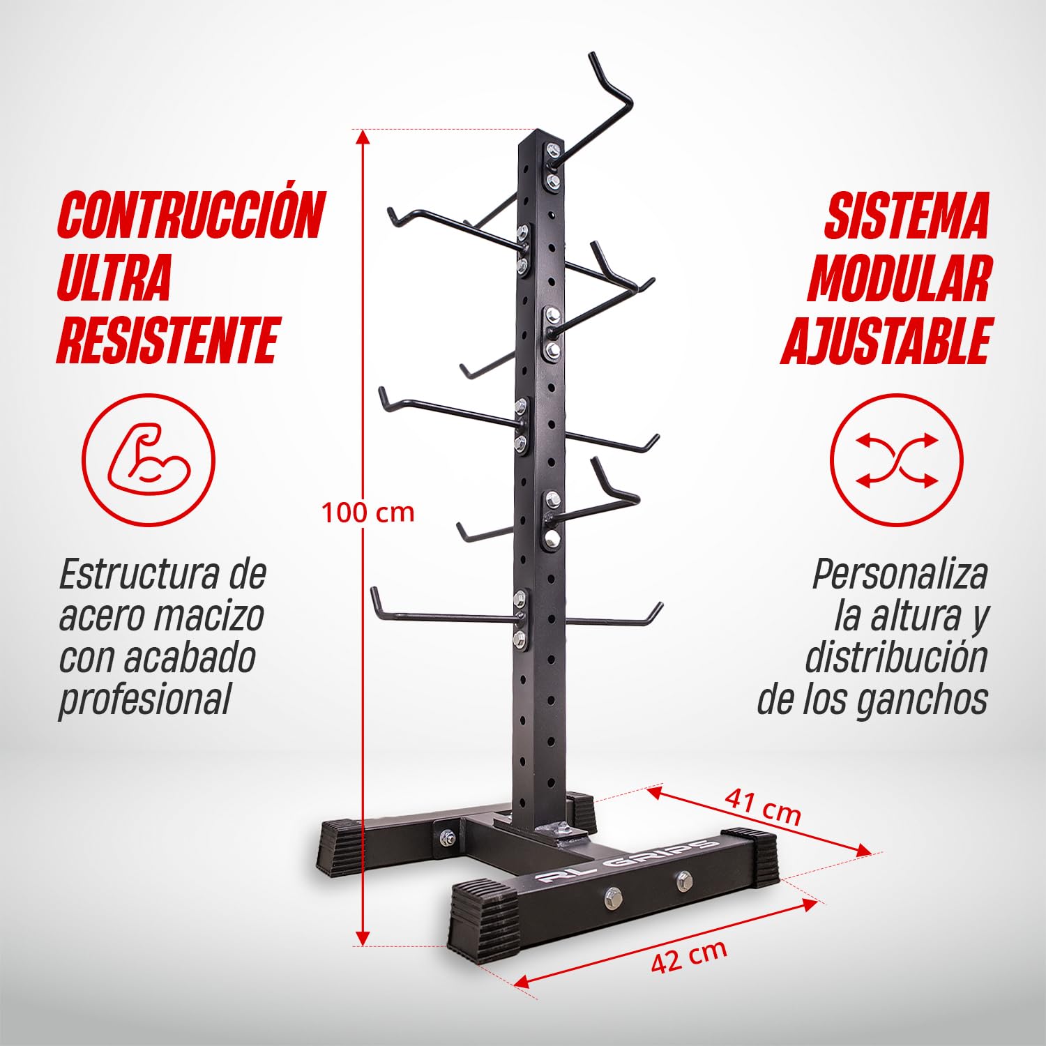RL Grips - Rack de Almacenamiento para Agarres de Poleas de Gimnasio – Soporte para Agarres Gym Modular y Vertical – Soporte de Suelo con 12 Ganchos Ajustables Compatibles con Todo Tipo de Manerales