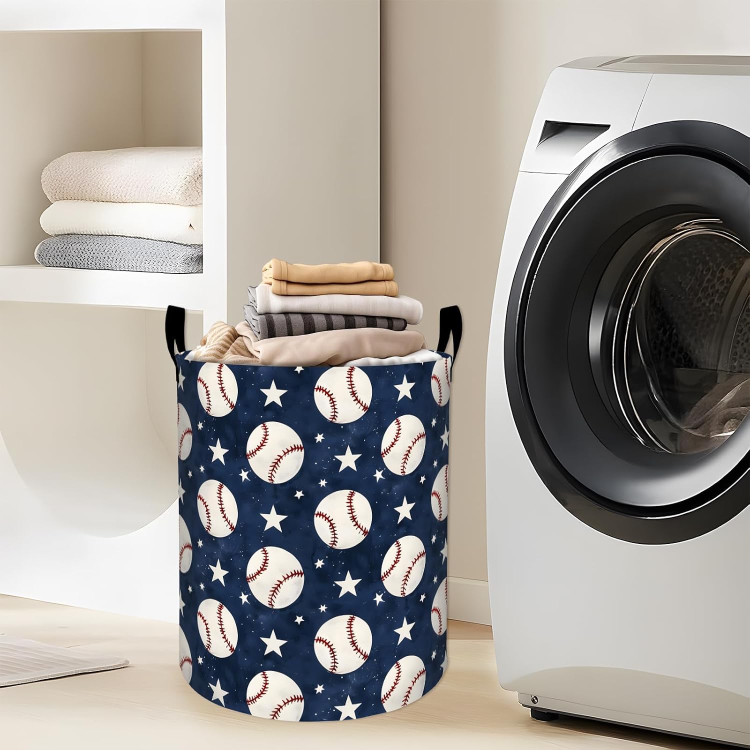 Baseball and White Stars Laundry Basket with Handles, 19.7"x15.7" Clothes Foldable Navy Blue Design Laundry Hamper Organizer for Dorm Nursery Bedroom Bathroom Decor, Toy Storage Bin for Kids