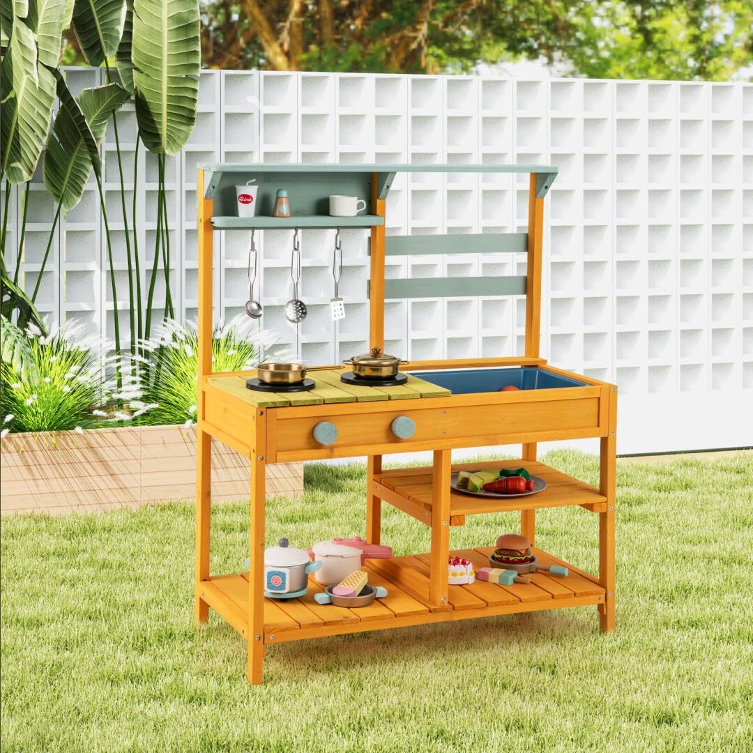 HOMASIS Matschküche Kinder Outdoor, Kinderküche mit Waschbecken Spüle Herd, Spielküche Holz, Spielzeugküche mit 3 Haken & Regalen, Holzküche Gartenküche für Kinder ab 3 Jahren (Gelb)