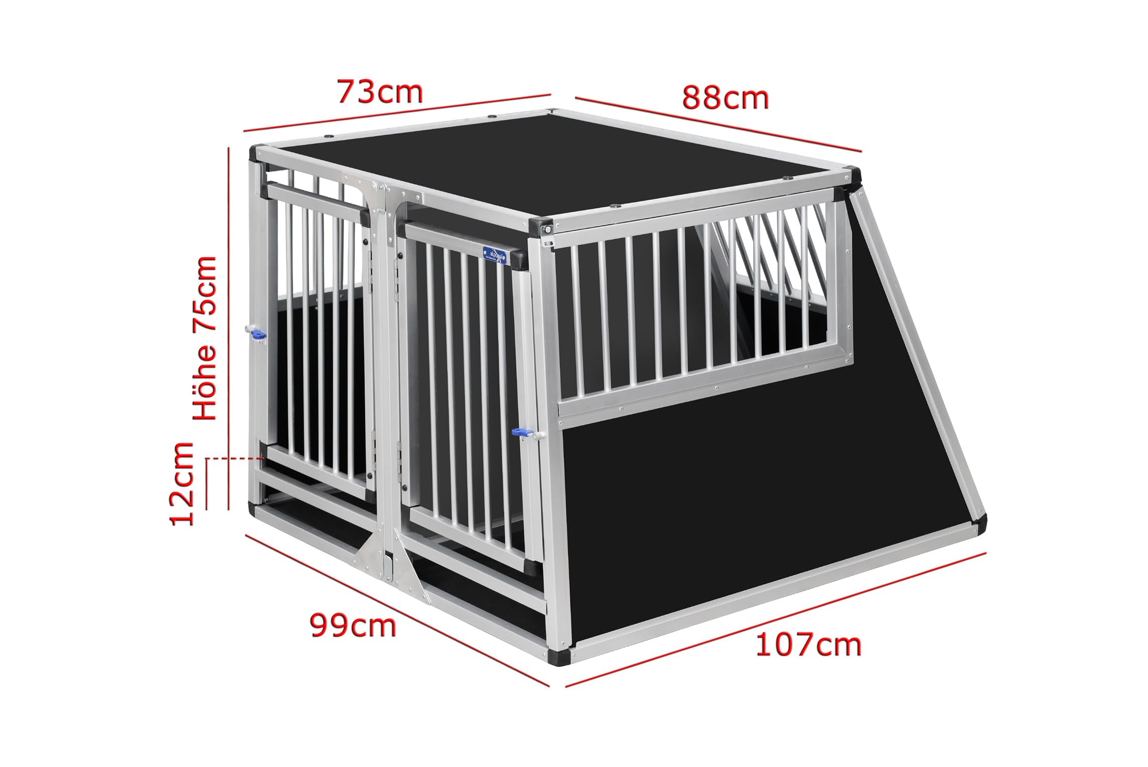 ALPUNA Transportbox N96 – Aluminium Doppelbox für Hunde 107×99×75 cm, Auto Hundebox mit Notausstieg, sicherer Hundetransport im Kofferraum
